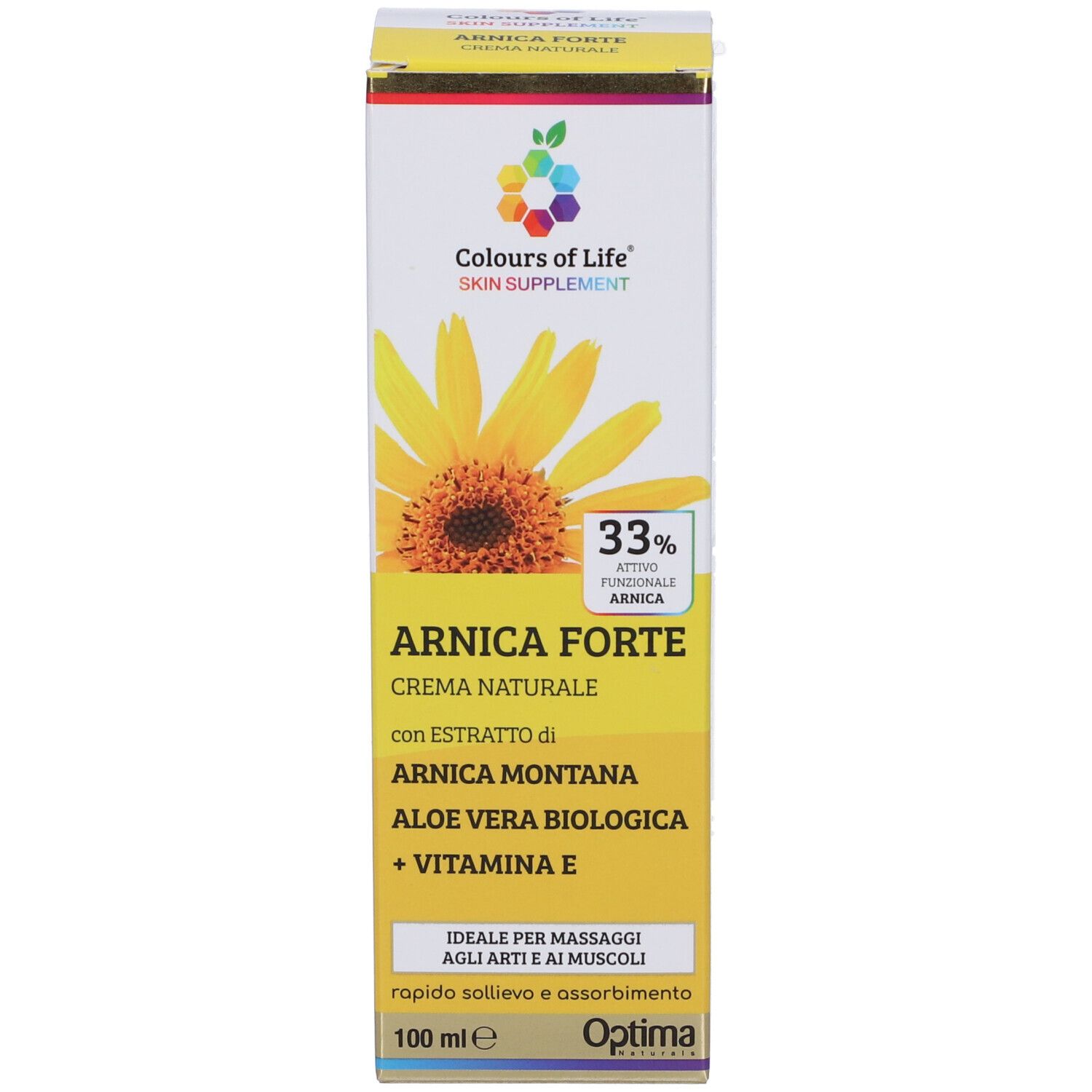 Scatola con testo. Scritta: Arnica Forte, ingredienti, dermatologicamente testato. Marchio: Colours of Life.