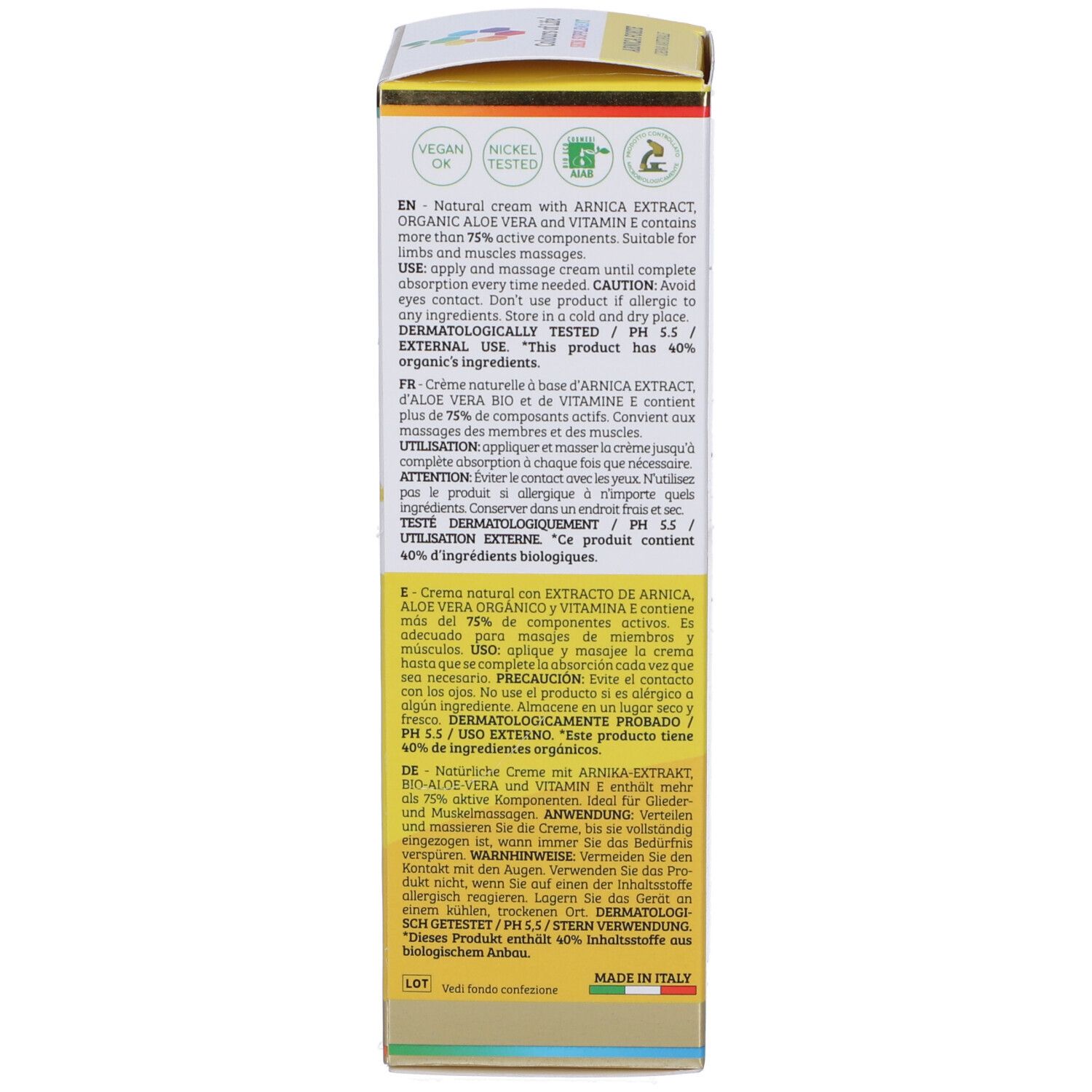Scatola con testo. Scritta: Arnica Forte, ingredienti, dermatologicamente testato. Marchio: Colours of Life.