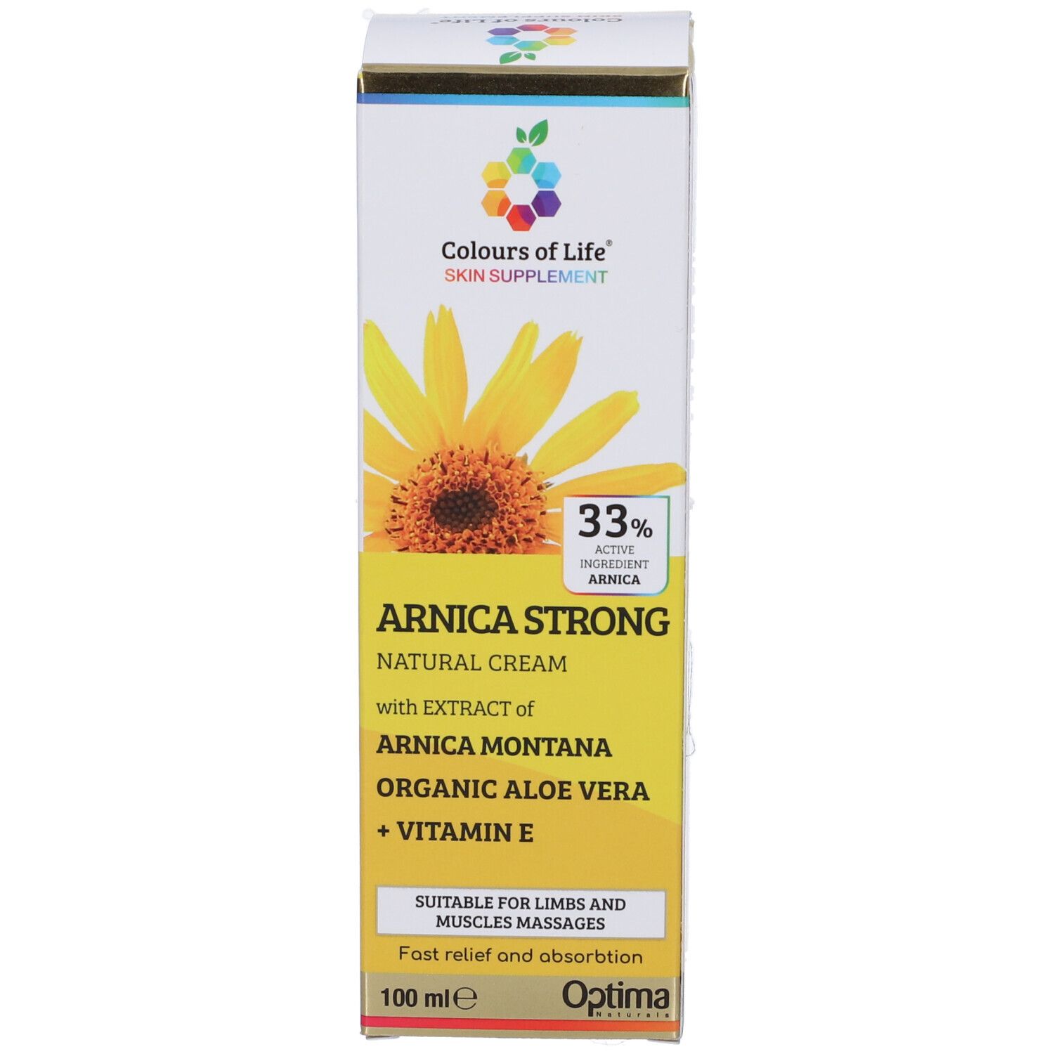 Scatola con testo. Scritta: Arnica Forte, ingredienti, dermatologicamente testato. Marchio: Colours of Life.
