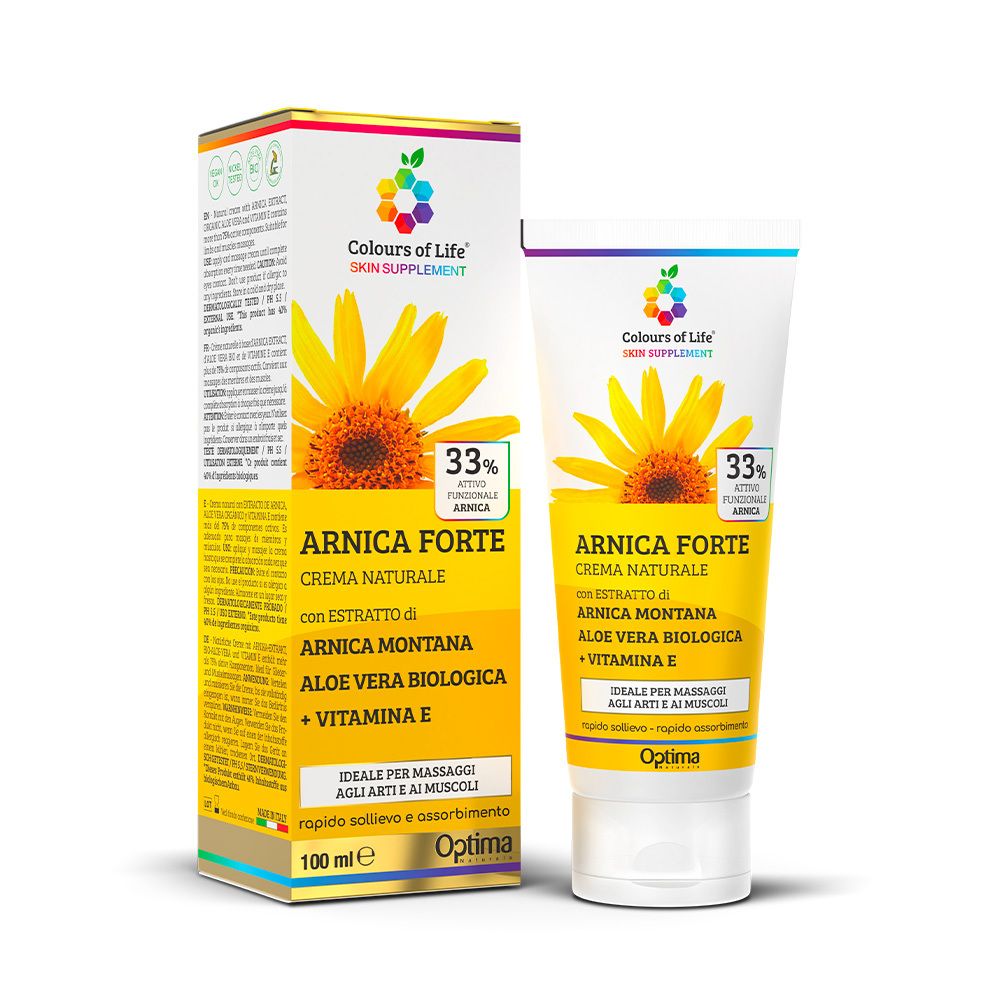 Confezione prodotto con tubo e scatola. Scritta: Arnica Forte, 33% ingrediente attivo. Marchio: Colours of Life.