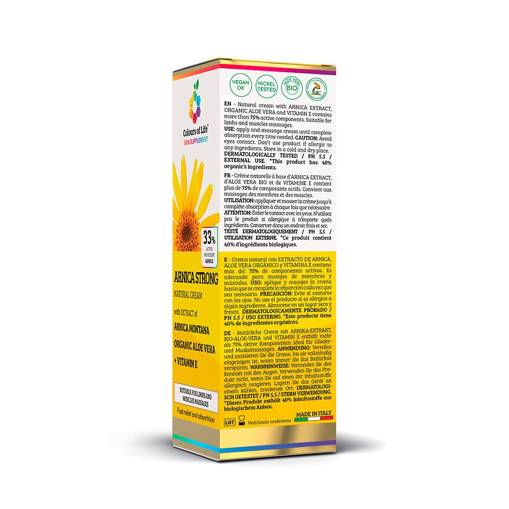 Scatola con testo. Scritta: Arnica Forte, ingredienti, dermatologicamente testato. Marchio: Colours of Life.