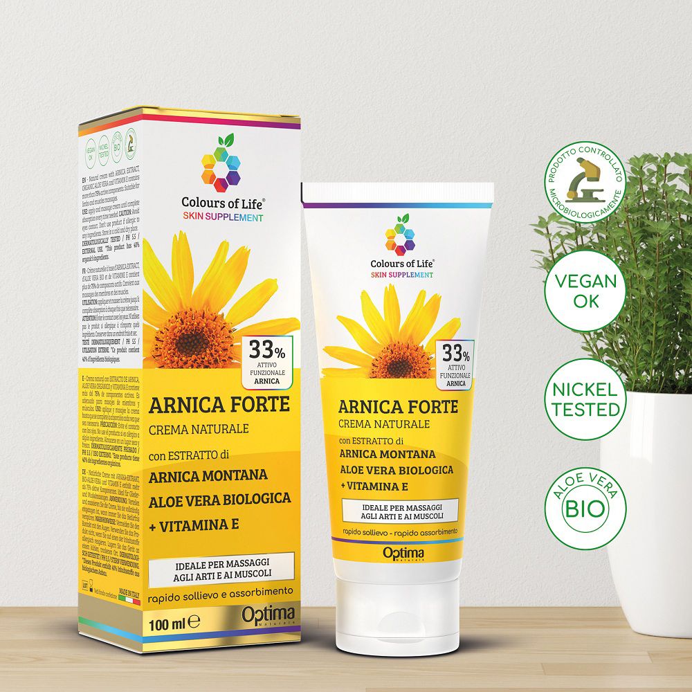 Arnika Creme mit Karton, vegan und nickelgetestet. Mit Siegeln für biologische Inhaltsstoffe.