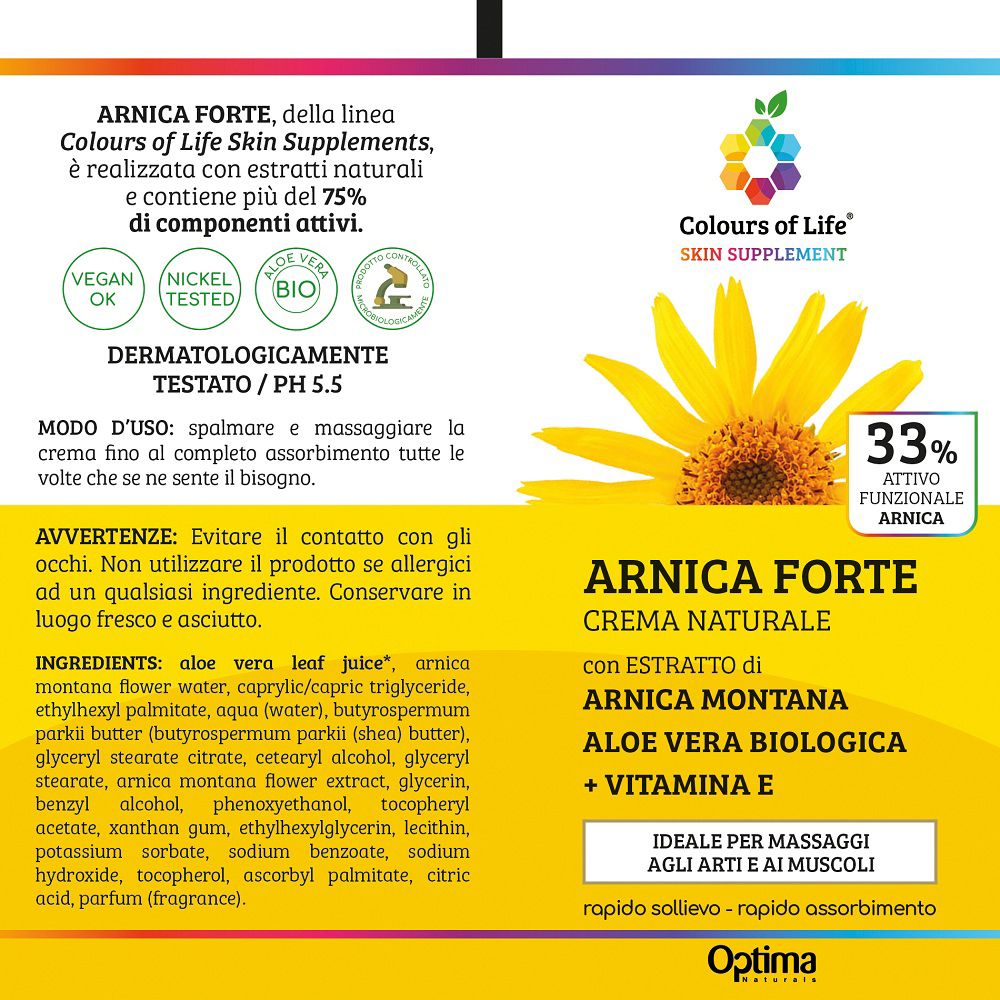 Rückseite der Arnika-Creme-Verpackung mit Inhaltsstoffen, Anwendungshinweisen und Zertifizierungen.