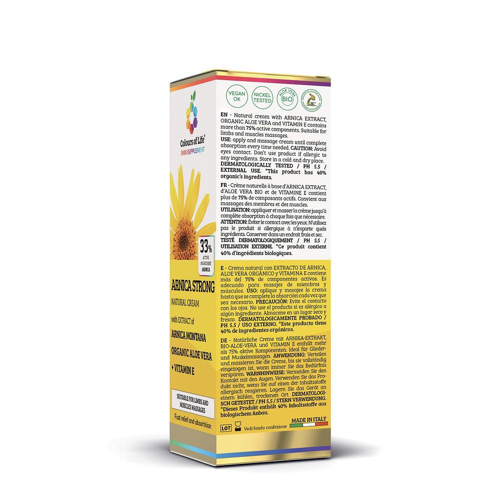 Seitenansicht der Arnika-Creme-Verpackung mit detaillierten Informationen und Siegeln.