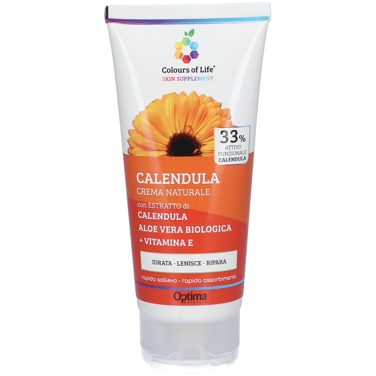 Weiße Tube mit orangefarbenem Etikett. Aufschrift: Calendula Creme, Aloe Vera, Vitamin E. Marke: Optima.