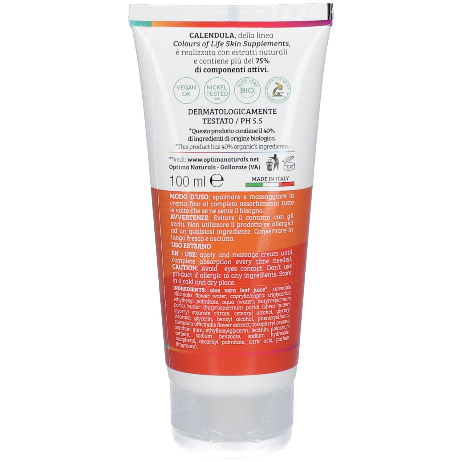 Rückseite der Tube. Text in mehreren Sprachen. Enthält Informationen zu Inhaltsstoffen und Anwendung.