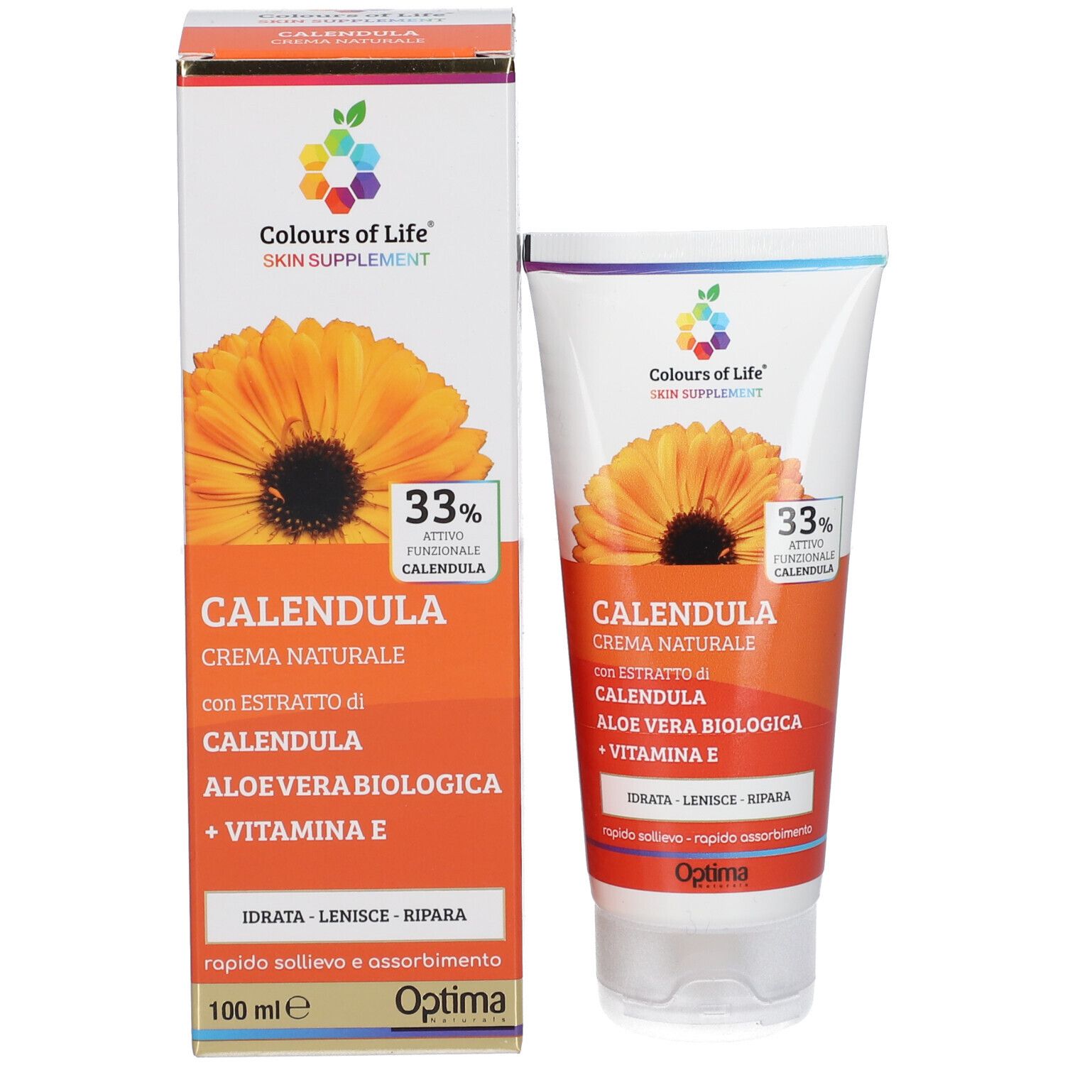 Produktverpackung: Tube und Schachtel. Aufschrift: Calendula Creme, Aloe Vera, Vitamin E. Marke: Optima.