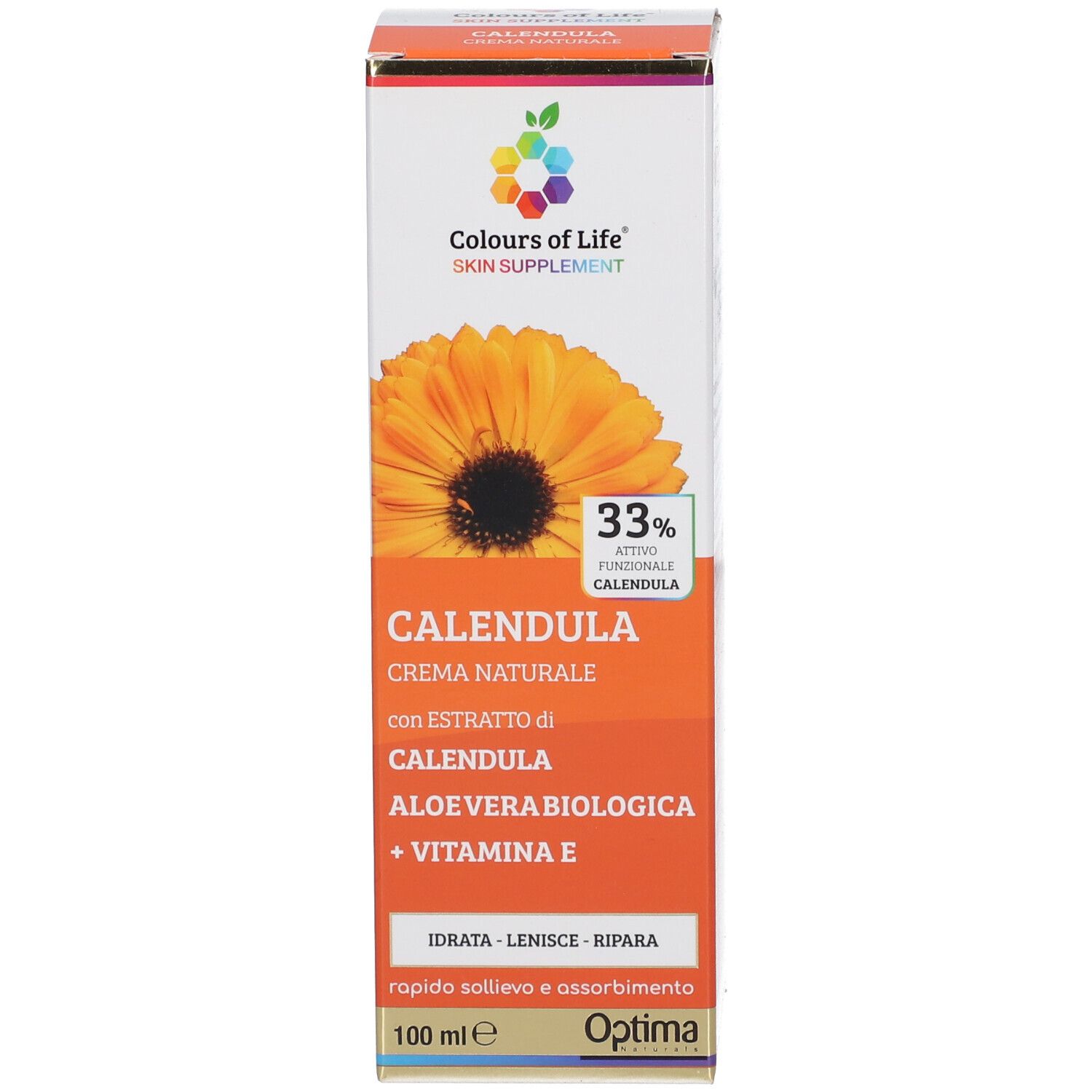 Vorderseite der Schachtel. Aufschrift: Calendula Creme, Aloe Vera, Vitamin E. Marke: Optima. 100 ml.