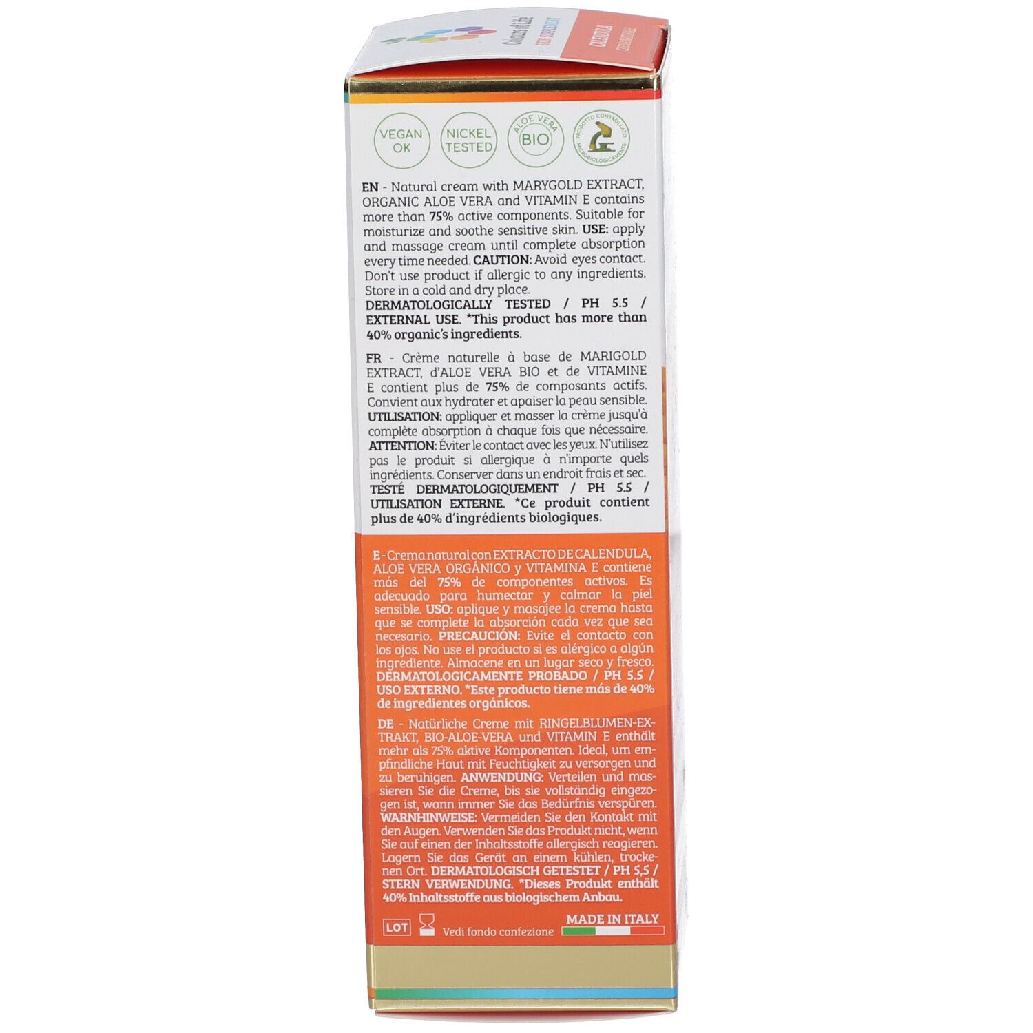 Rückseite der Schachtel. Text in mehreren Sprachen. Enthält Informationen zu Inhaltsstoffen und Anwendung.