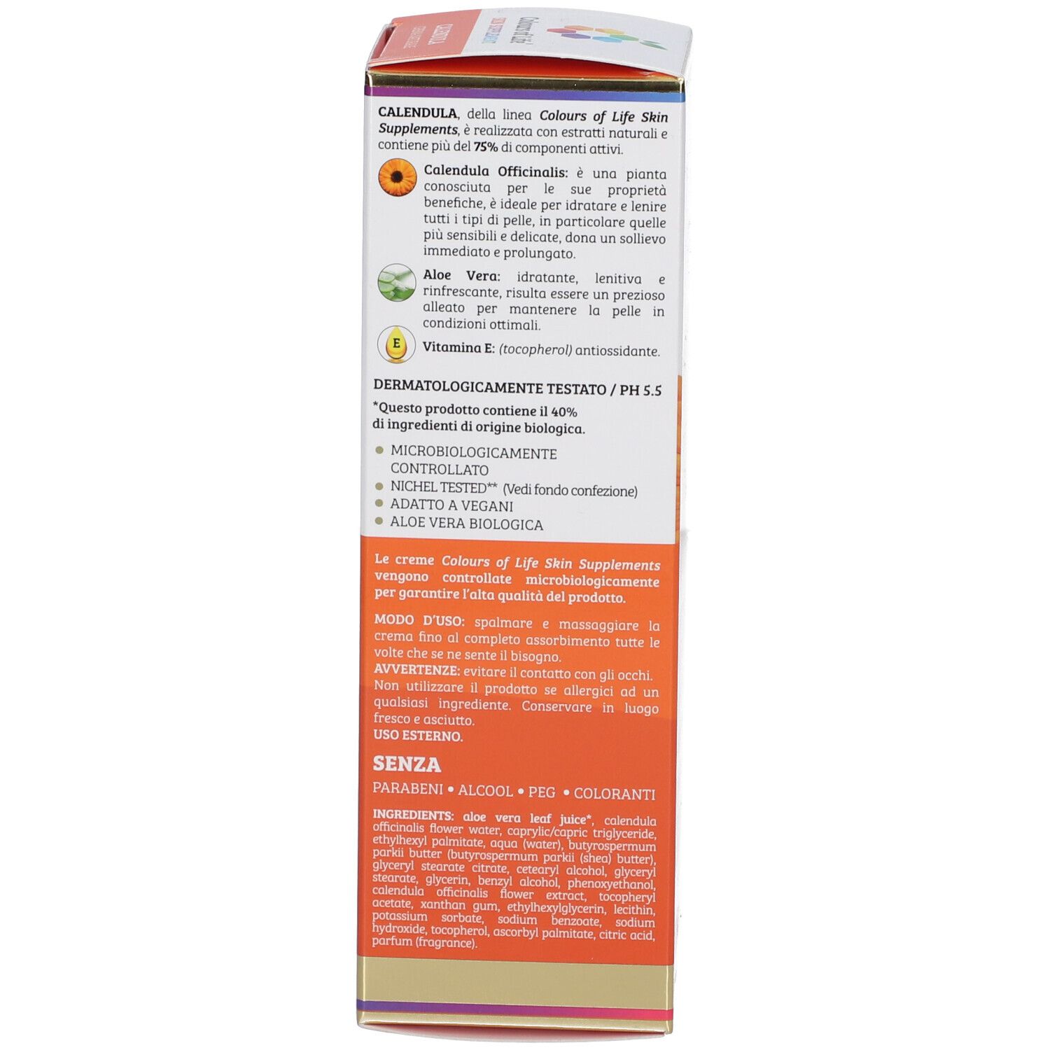 Rückseite der Schachtel. Text in mehreren Sprachen. Enthält Informationen zu Inhaltsstoffen und Anwendung.