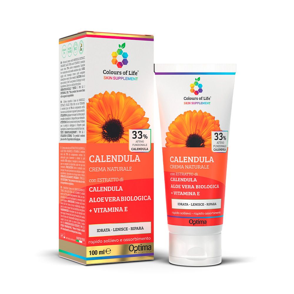 Produktverpackung: Tube und Schachtel. Aufschrift: Calendula Creme, Aloe Vera, Vitamin E. Marke: Optima.