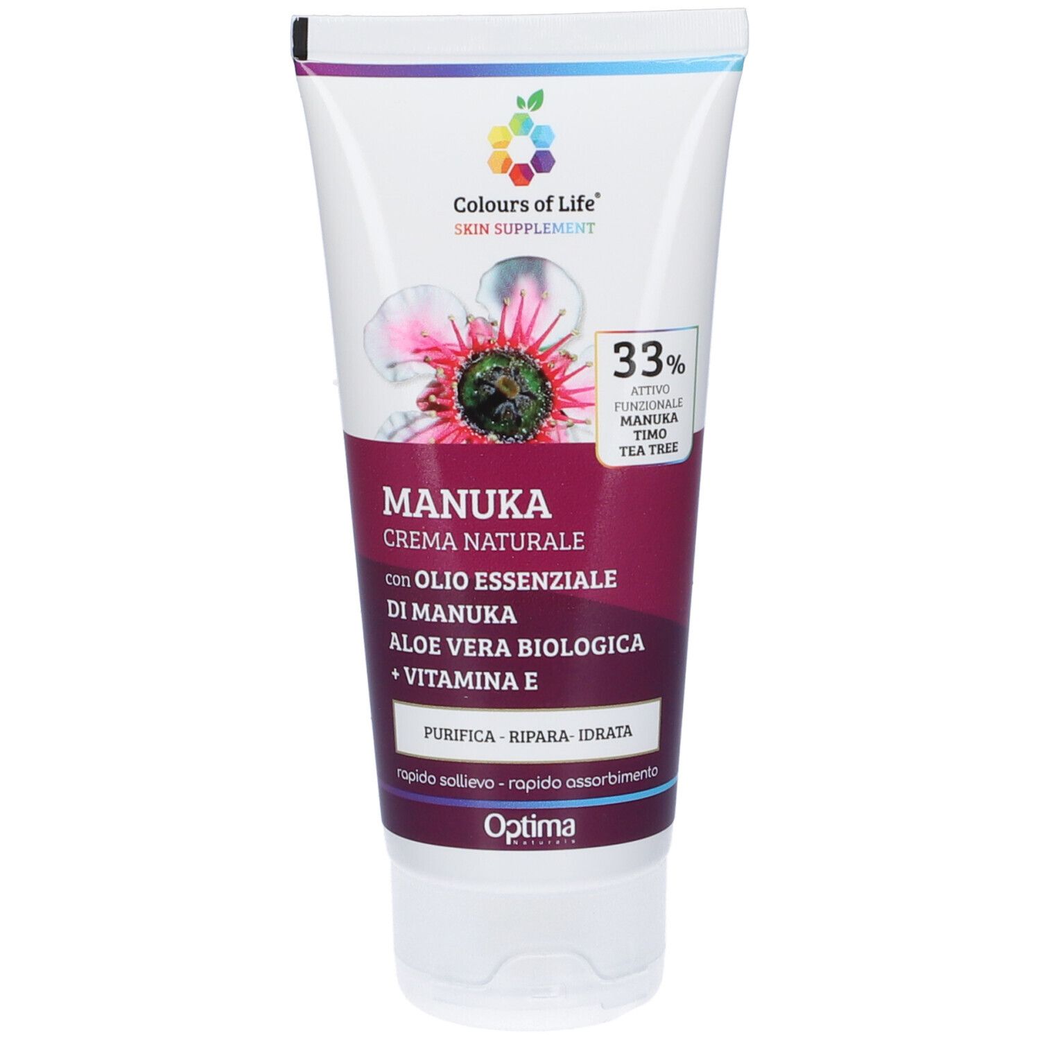 Tube de crème MANUKA, Colours of Life Skin Supplements. Contient 33% d'ingrédients actifs.
