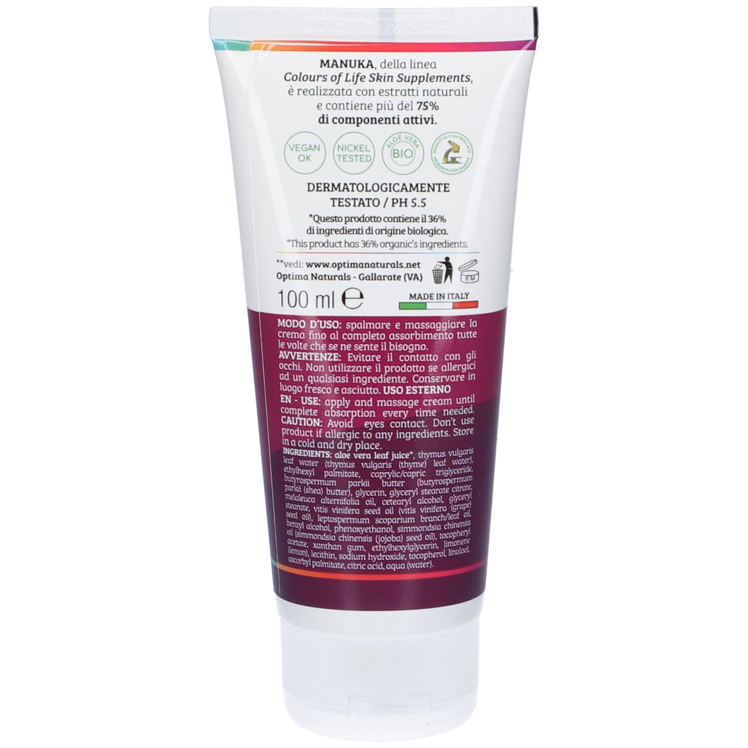 Dos du tube de crème. Texte multilingue. Informations sur les ingrédients et l'utilisation.