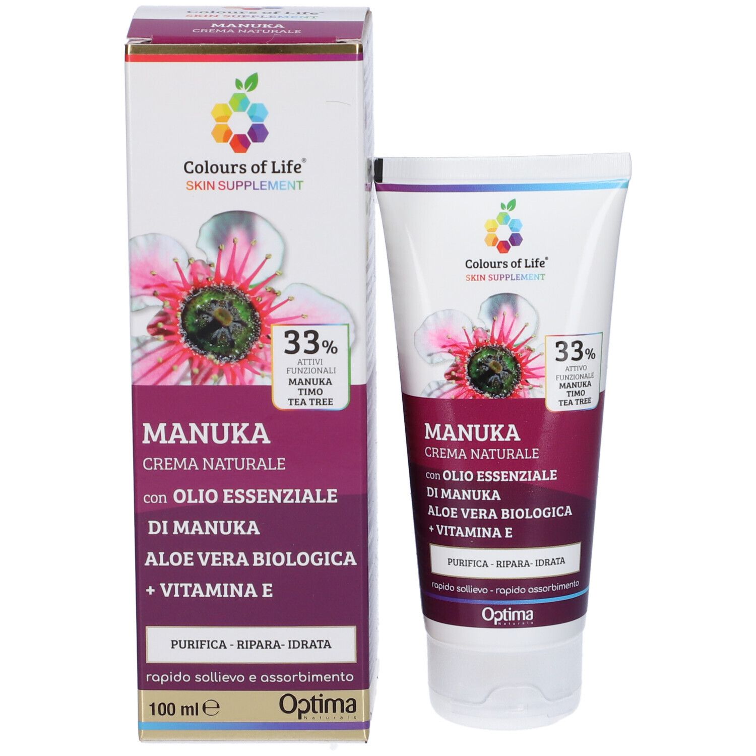 Emballage produit avec tube de crème. MANUKA, Colours of Life Skin Supplements. Contient 33% d'actifs.