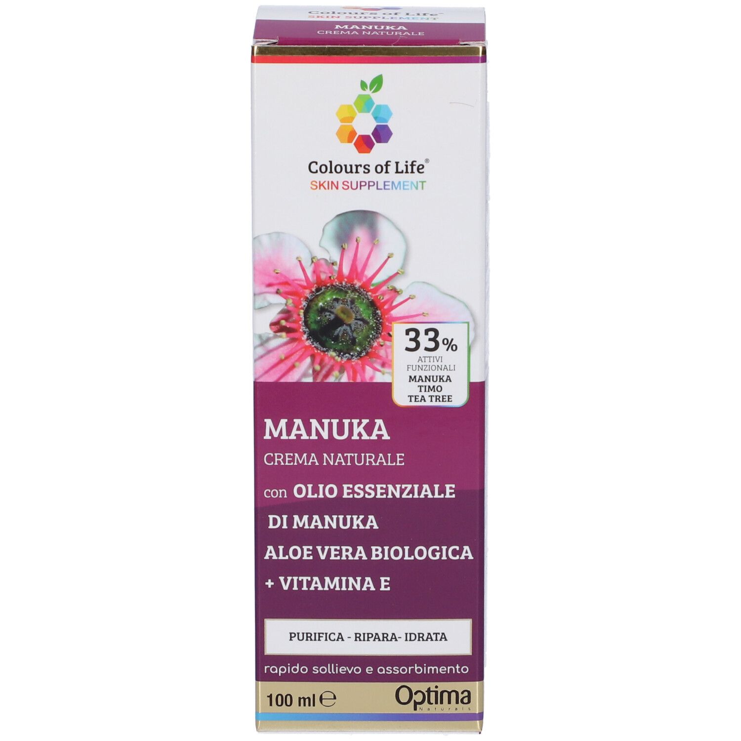 Emballage produit, face avant. MANUKA, Colours of Life Skin Supplements. Contient 33% d'actifs.