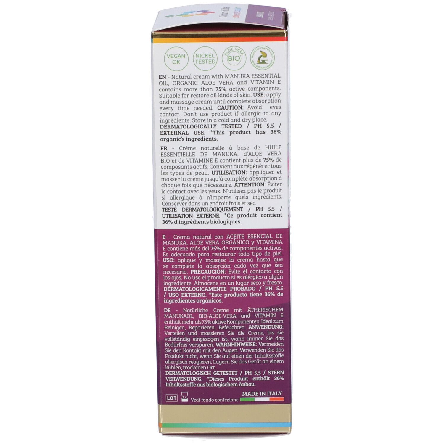 Dos de l'emballage du produit. Texte multilingue. Informations sur les ingrédients et les certifications.