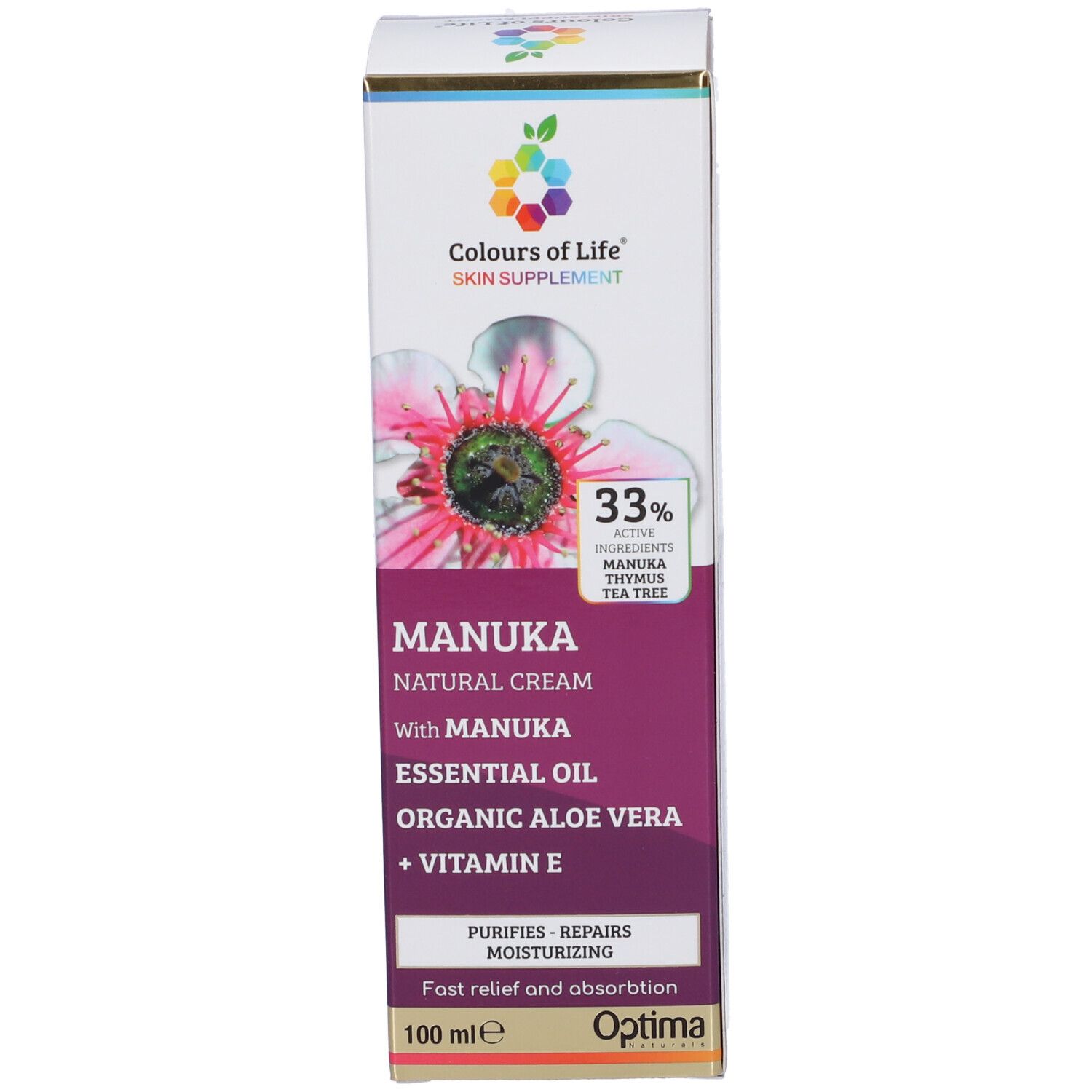 Emballage produit, face avant. MANUKA, Colours of Life Skin Supplements. Contient 33% d'actifs.