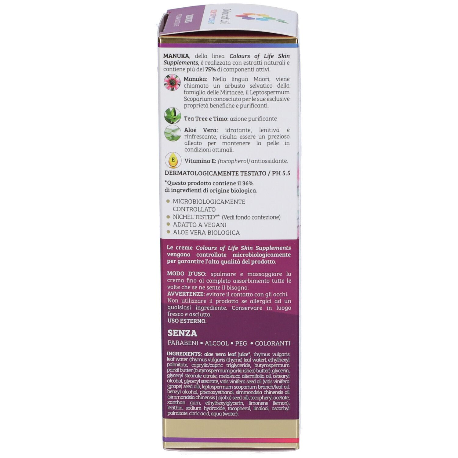 Dos de l'emballage du produit. Texte multilingue. Informations sur les ingrédients et les certifications.
