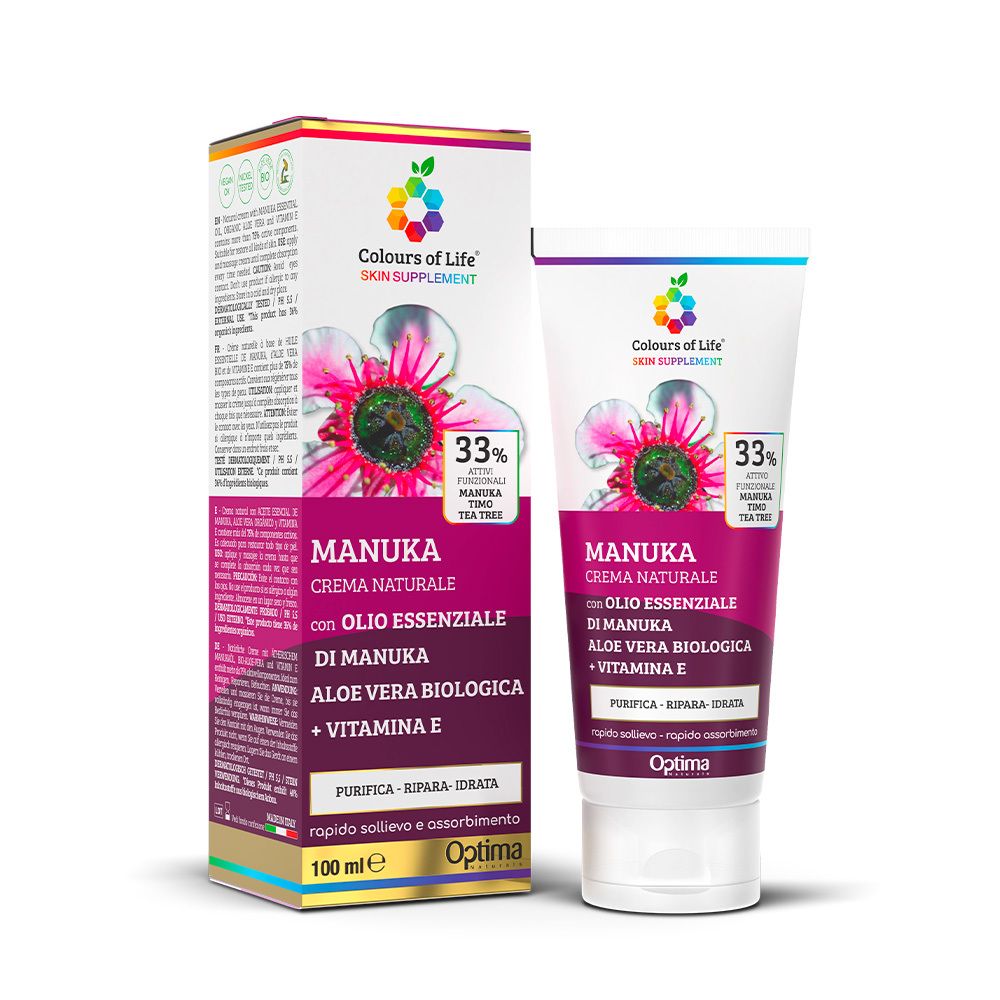 Emballage produit avec tube de crème. MANUKA, Colours of Life Skin Supplements. Contient 33% d'actifs.