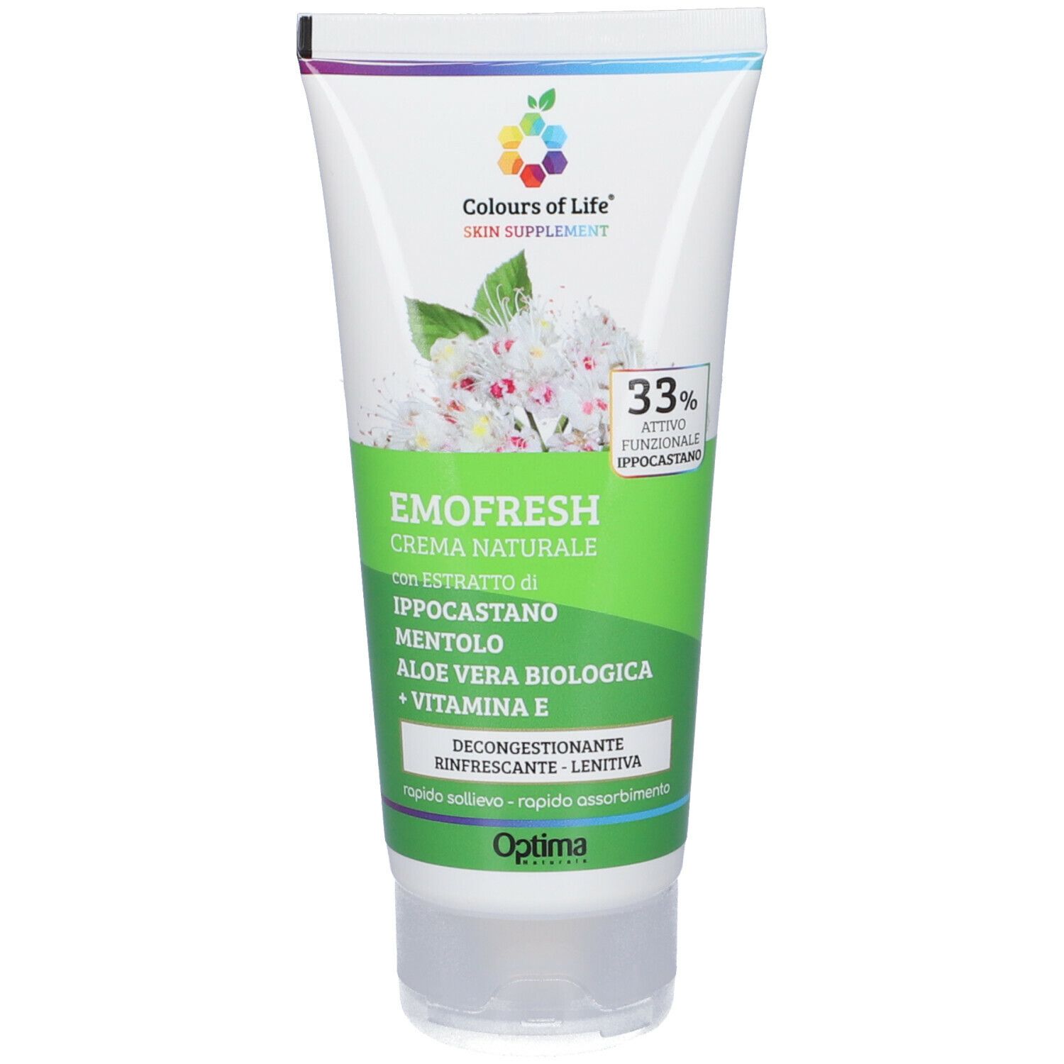 Creme-Tube Emofresh, grün-weiß, mit Produktinformationen und Logo. Enthält Extrakte und Vitamin E.