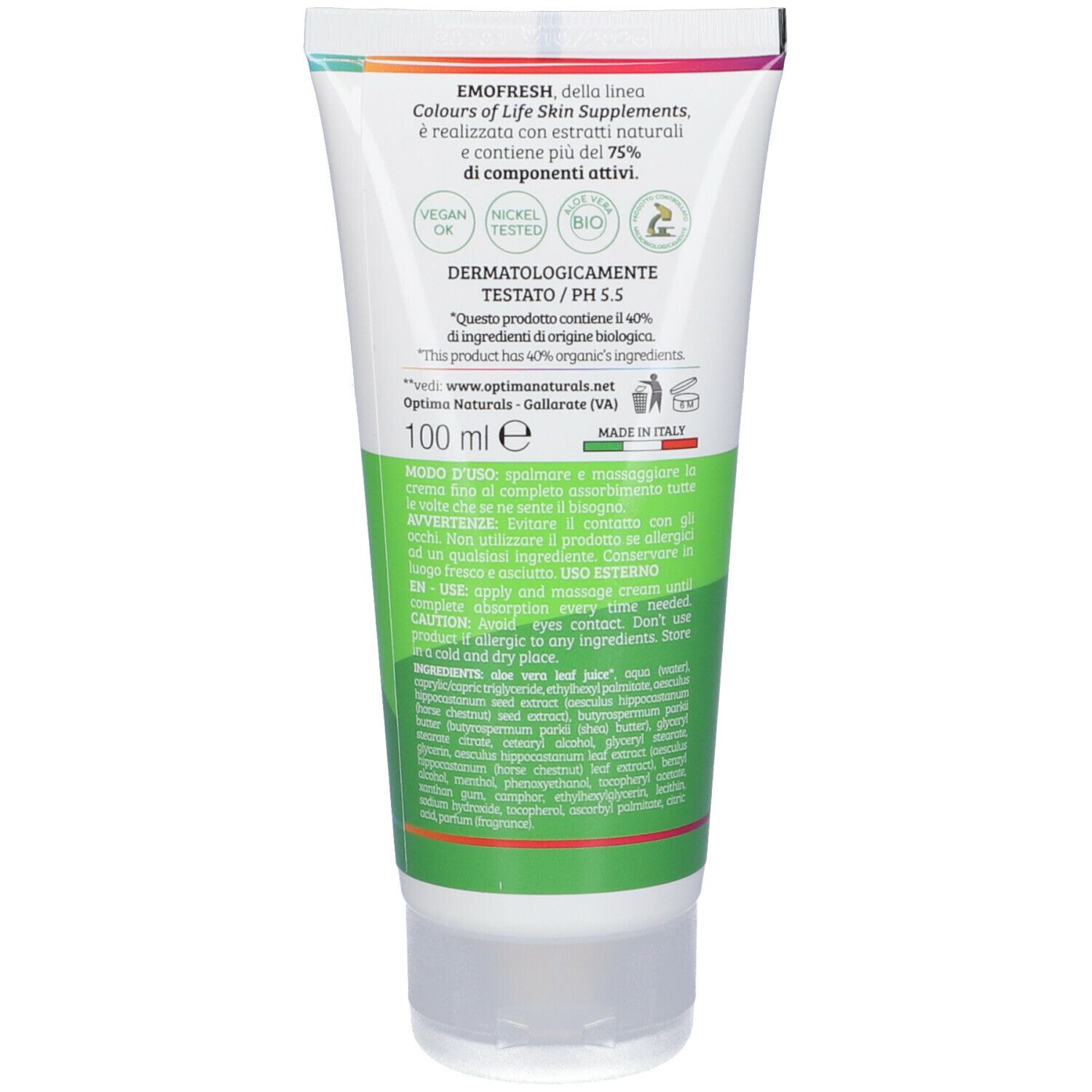 Rückseite der Emofresh Creme-Tube. Enthält Informationen zu Inhaltsstoffen, Zertifizierungen und Gebrauchsanweisung.