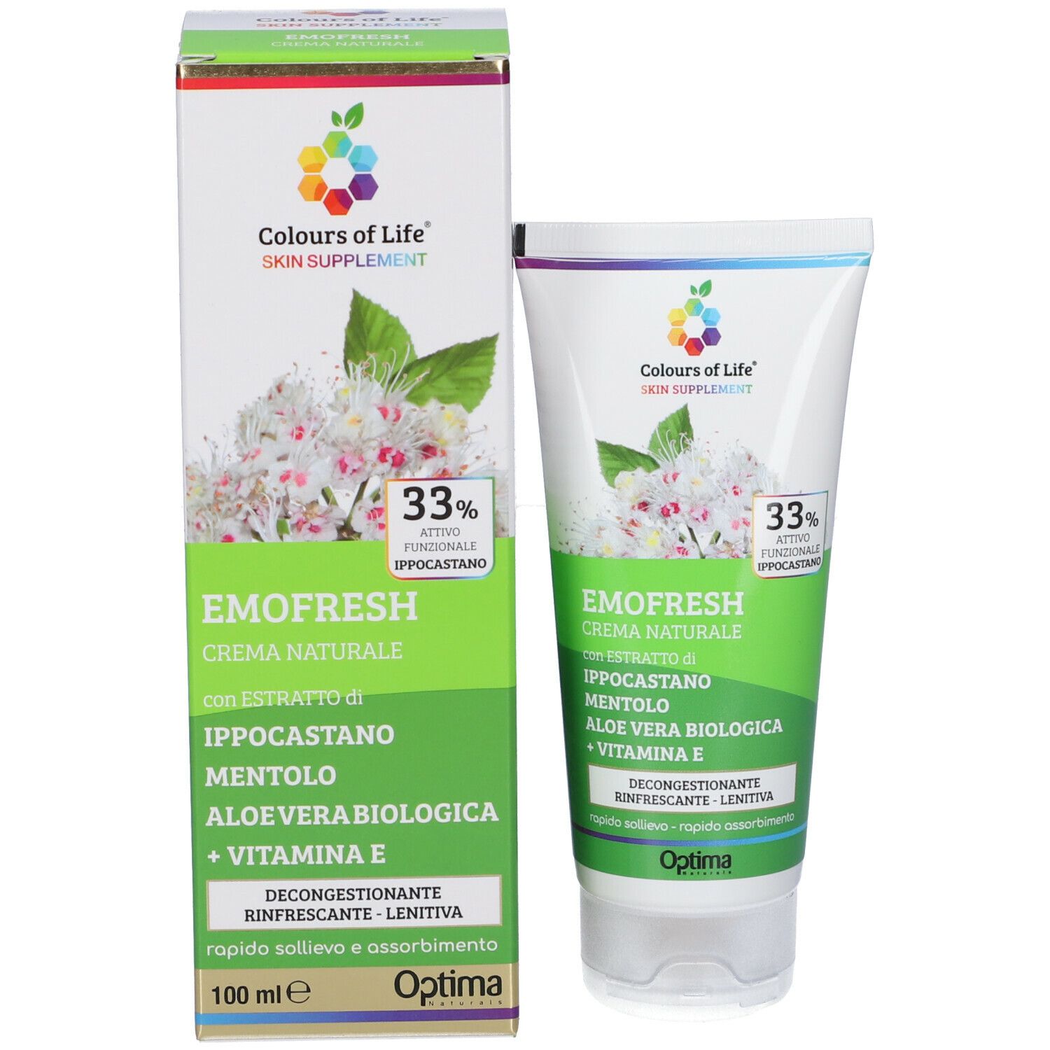 Emofresh Creme und Verpackung. Creme-Tube und Schachtel mit Produktinformationen und Logo.