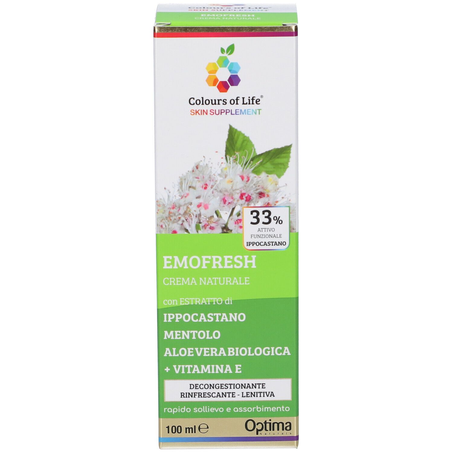 Emofresh-Verpackung. Grüne Schachtel mit Produktinformationen und Logo. Enthält Creme.