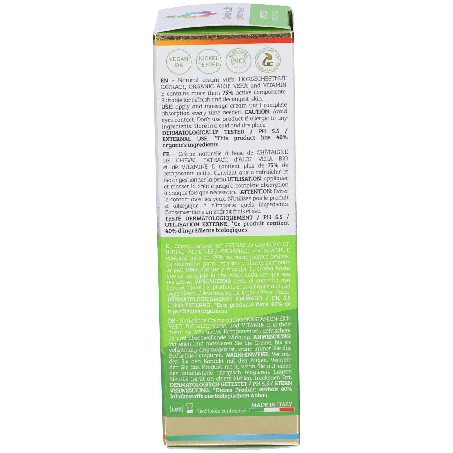 Seite der Emofresh-Verpackung. Enthält Informationen zu Inhaltsstoffen, Zertifizierungen und Gebrauchsanweisung.