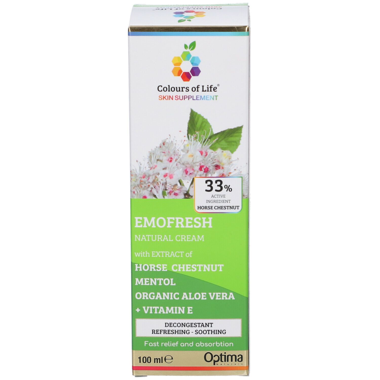 Emofresh-Verpackung. Grüne Schachtel mit Produktinformationen und Logo. Enthält Creme.