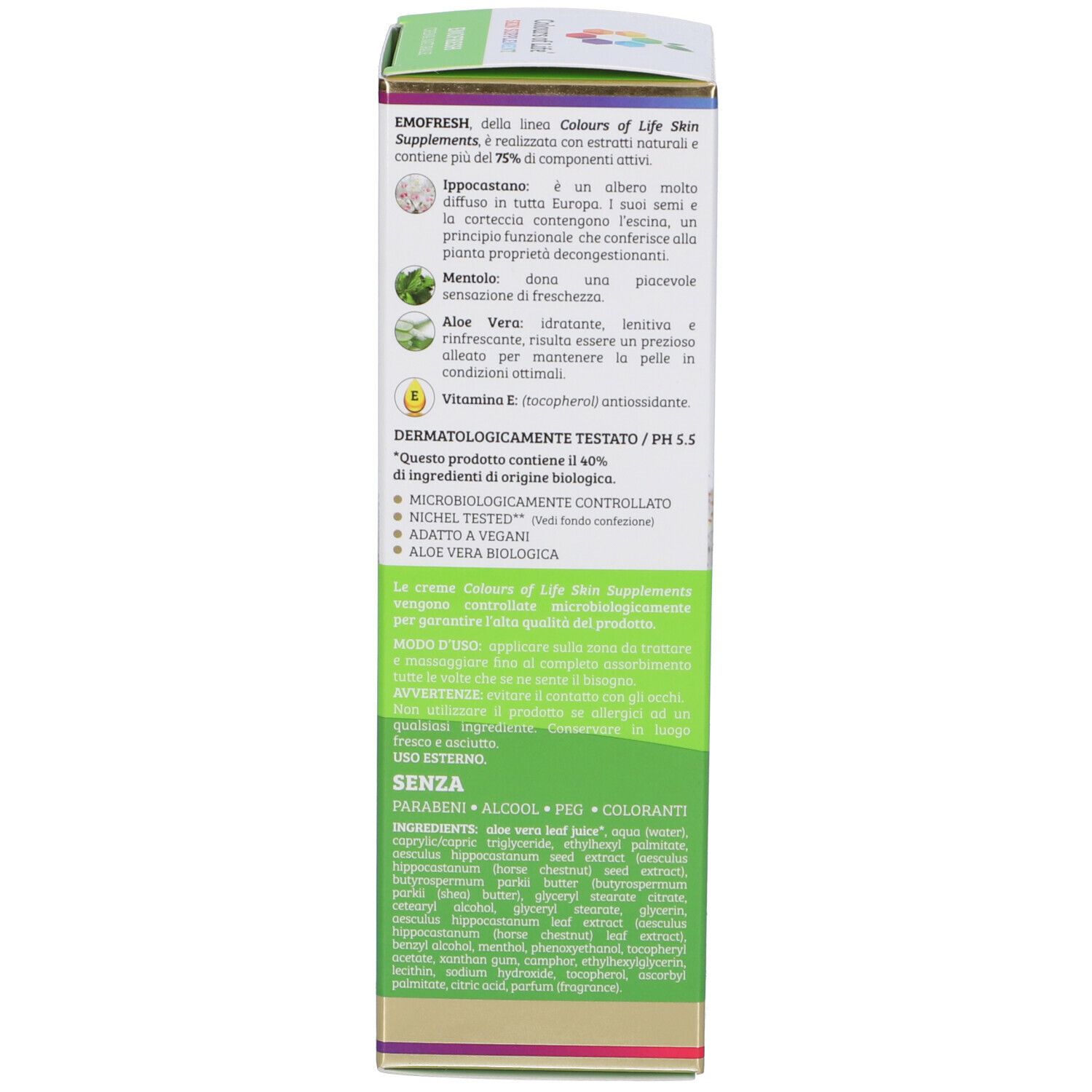 Seite der Emofresh-Verpackung. Enthält Informationen zu Inhaltsstoffen, Zertifizierungen und Gebrauchsanweisung.