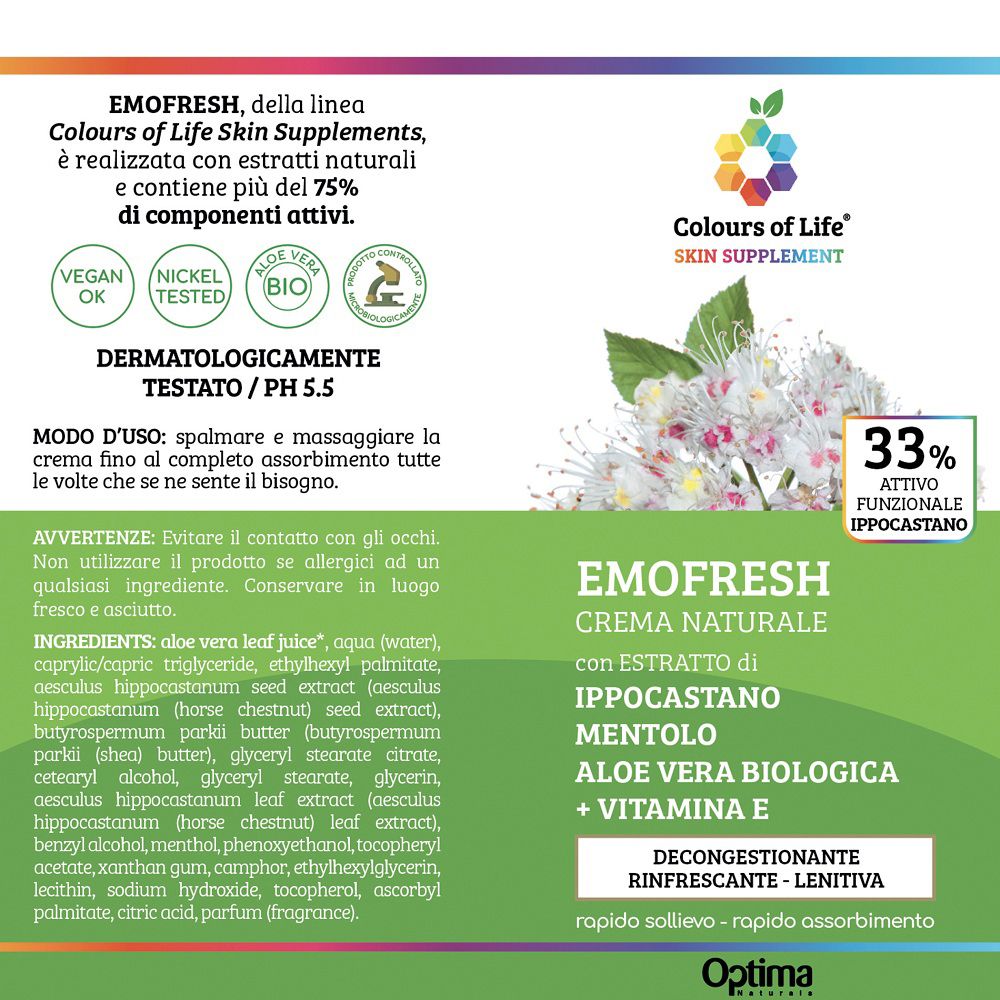 Rückseite der Colours of Life Emofresh Creme: Dermatologisch getestet, pH 5.5. Enthält 40% Bio-Inhaltsstoffe.