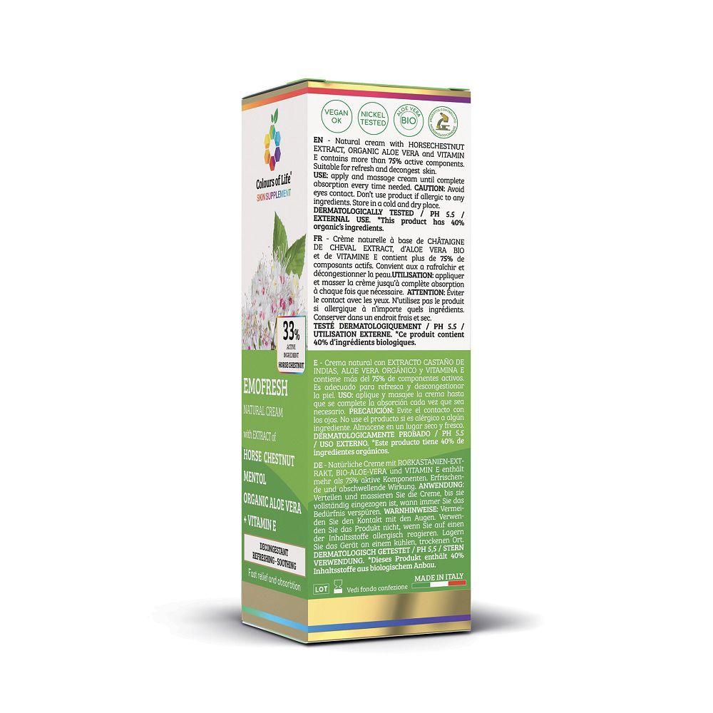 Seitenansicht der Colours of Life Emofresh Creme Verpackung mit Produktinformationen.