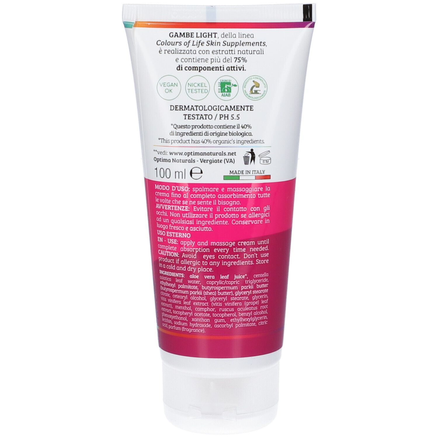 Rückseite der Creme-Tube. Text mit Inhaltsstoffen, Anwendung und Zertifizierungen. Farben: Weiß, Rosa.