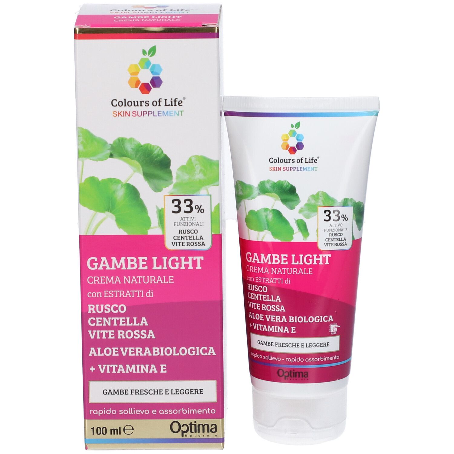 Produktverpackung: Creme-Tube und Karton. Farben: Weiß, Rosa, Grün. Marke: Colours of Life. Text: Gambe Light.