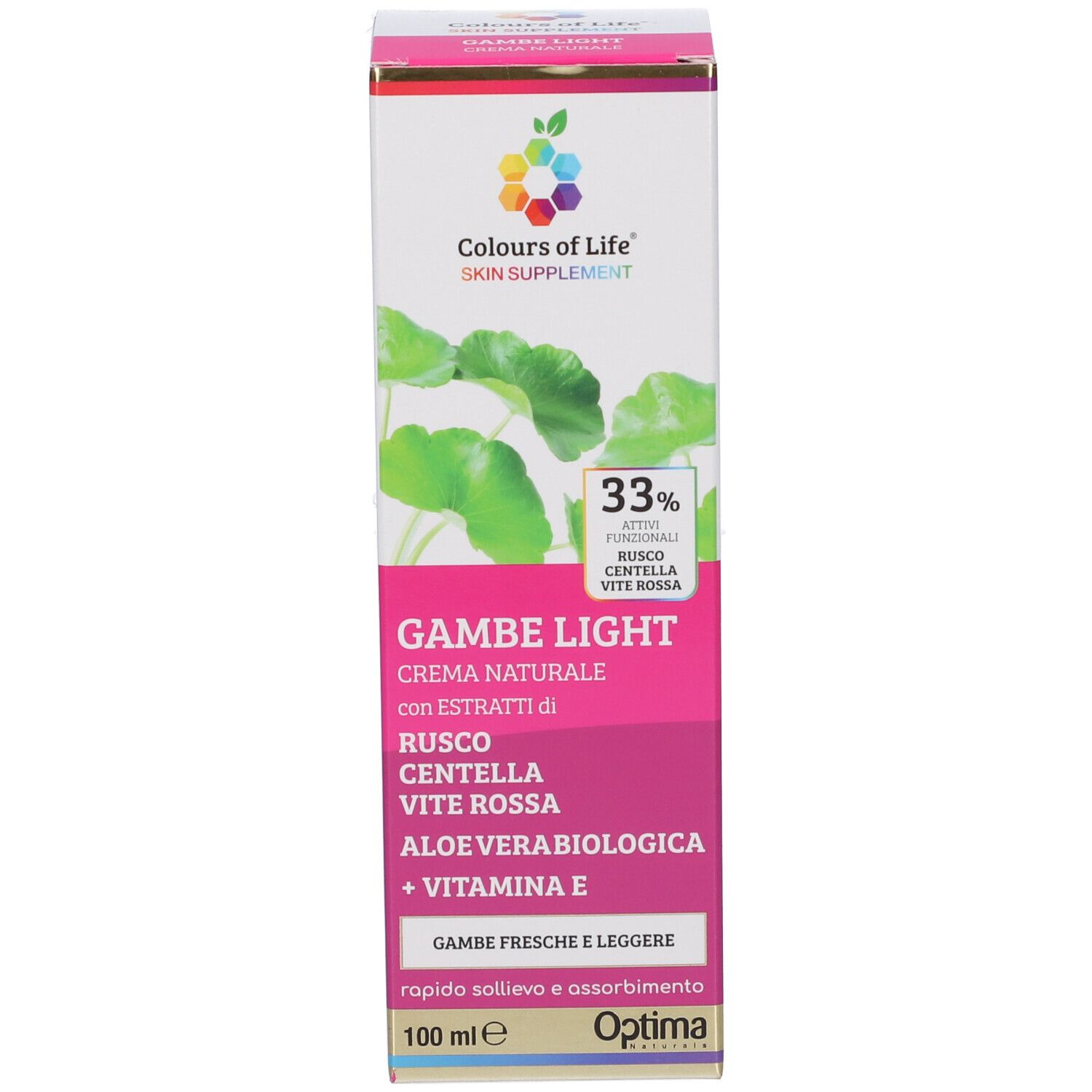 Produktverpackung: Karton mit Produktinformationen. Farben: Weiß, Rosa, Grün. Marke: Colours of Life. Text: Gambe Light.