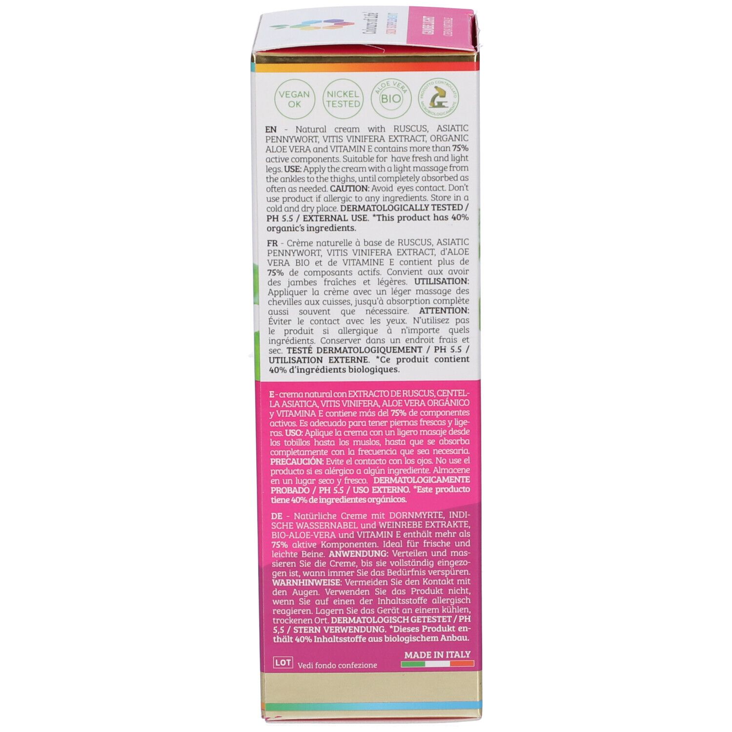 Karton mit Produktinformationen. Text in Englisch, Französisch, Italienisch und Deutsch. Farben: Weiß, Rosa.