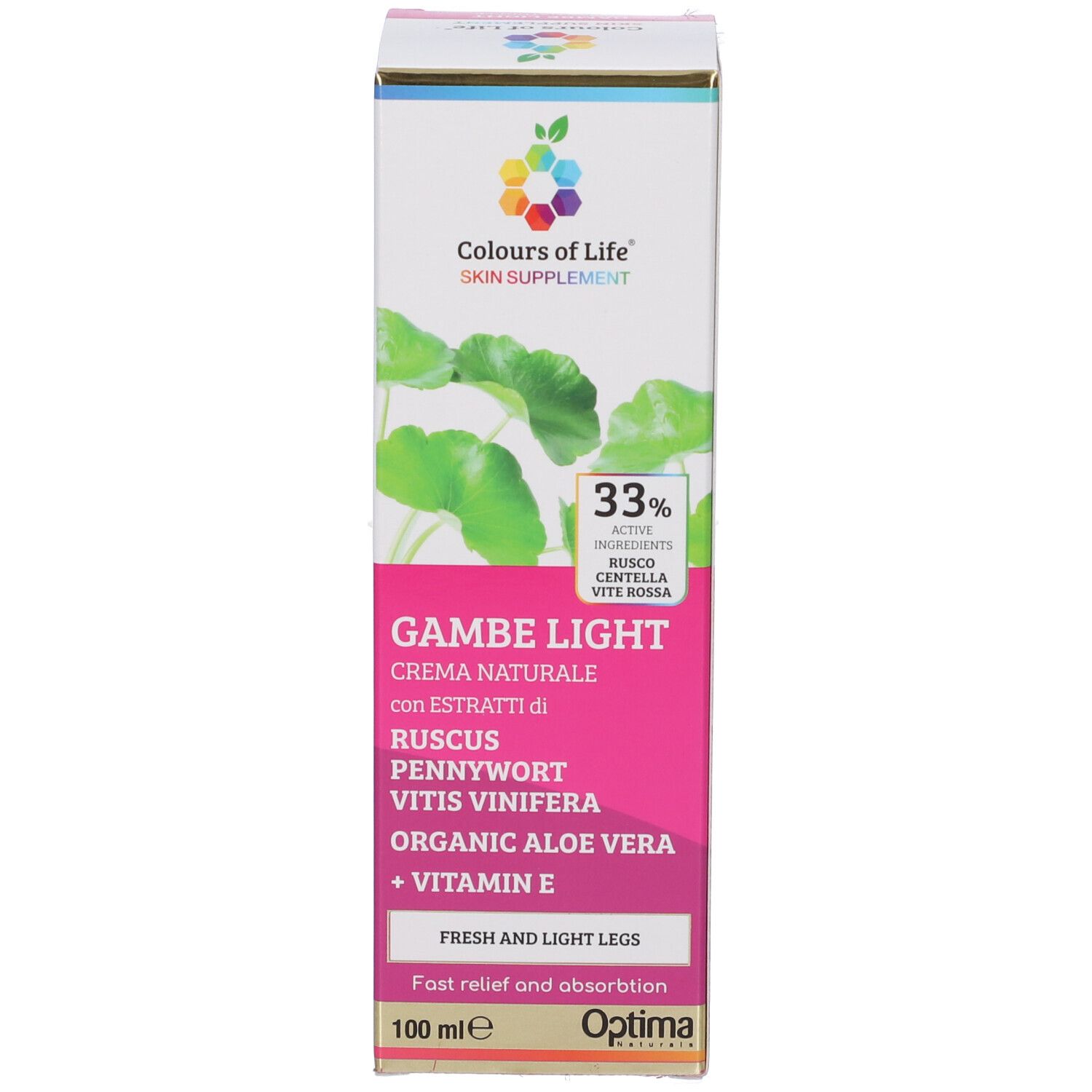 Produktverpackung: Karton mit Produktinformationen. Farben: Weiß, Rosa, Grün. Marke: Colours of Life. Text: Gambe Light.