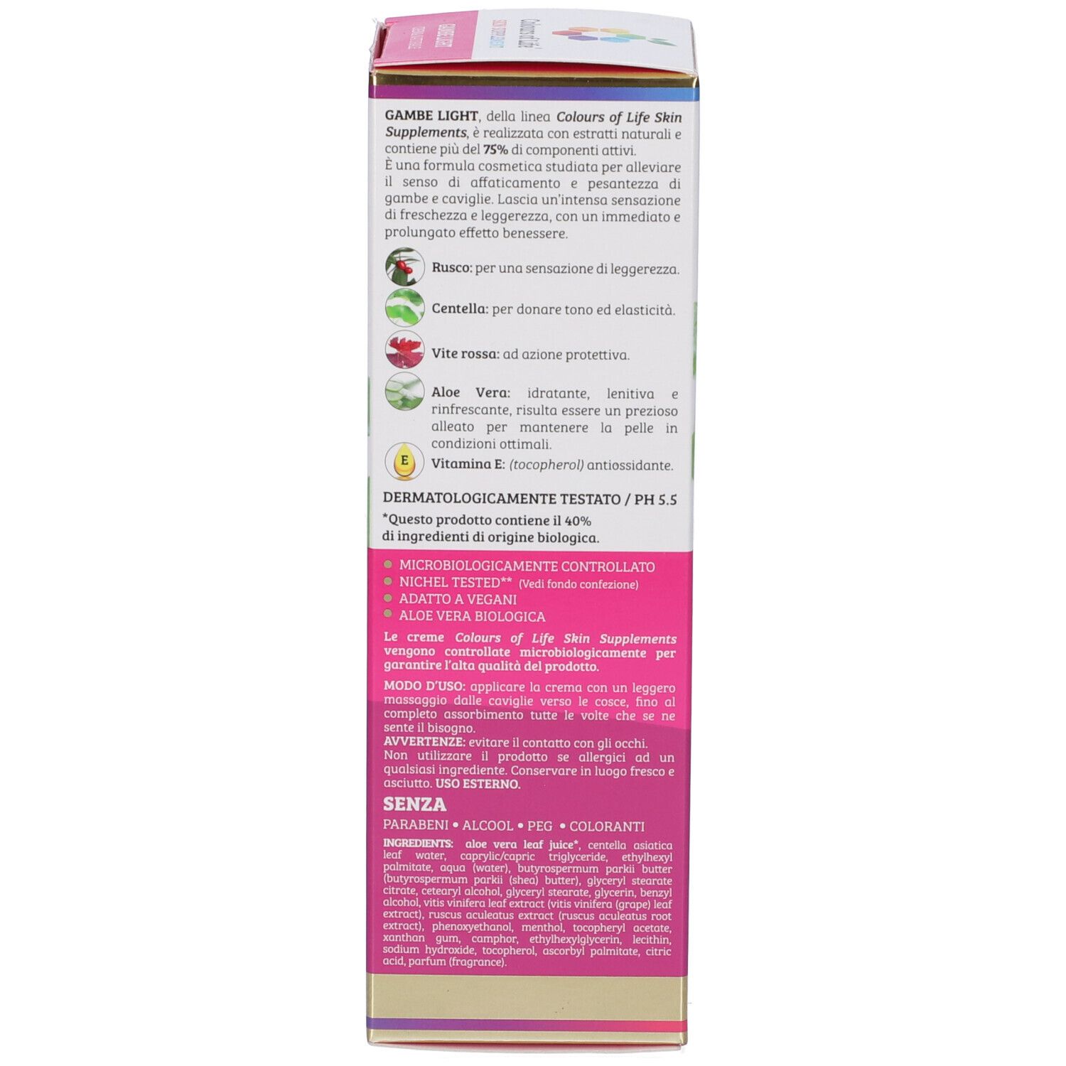 Rückseite der Produktverpackung. Text mit Inhaltsstoffen, Anwendung und Zertifizierungen. Farben: Weiß, Rosa.