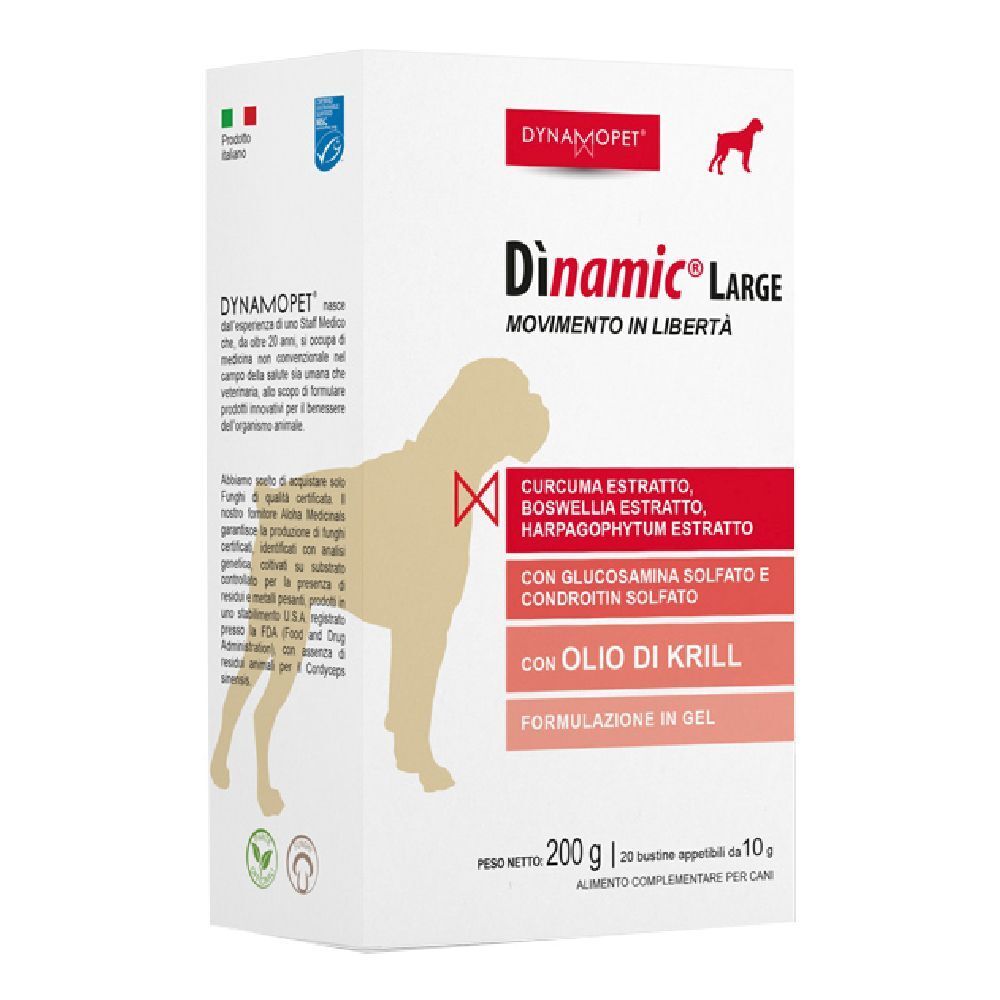 Confezione di Dinamic Large. Contiene curcuma, boswellia e glucosamina. 200g, 20 bustine.