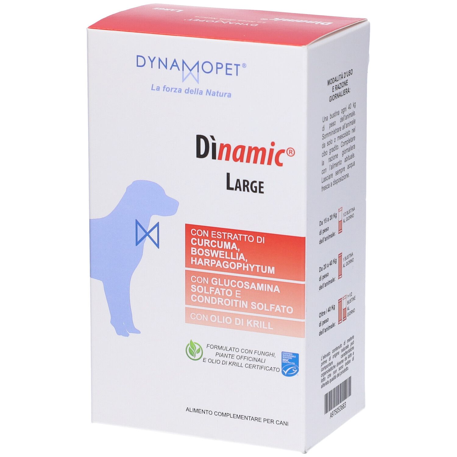 Confezione di Dinamic Large. Contiene curcuma, boswellia, glucosamina e olio di krill. Bianco e rosso.