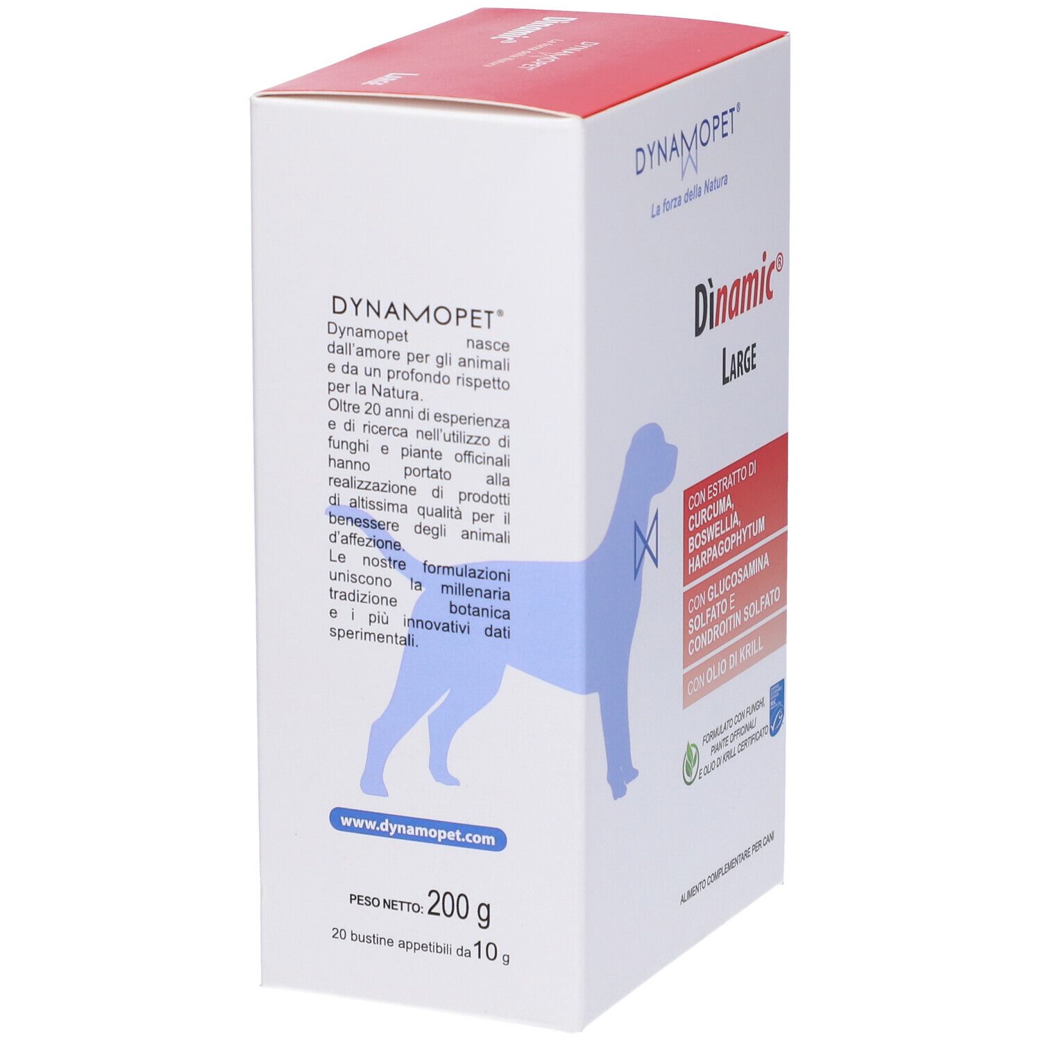Retro della confezione Dinamic Large. Contiene informazioni sugli ingredienti e il dosaggio. Bianco e rosso.