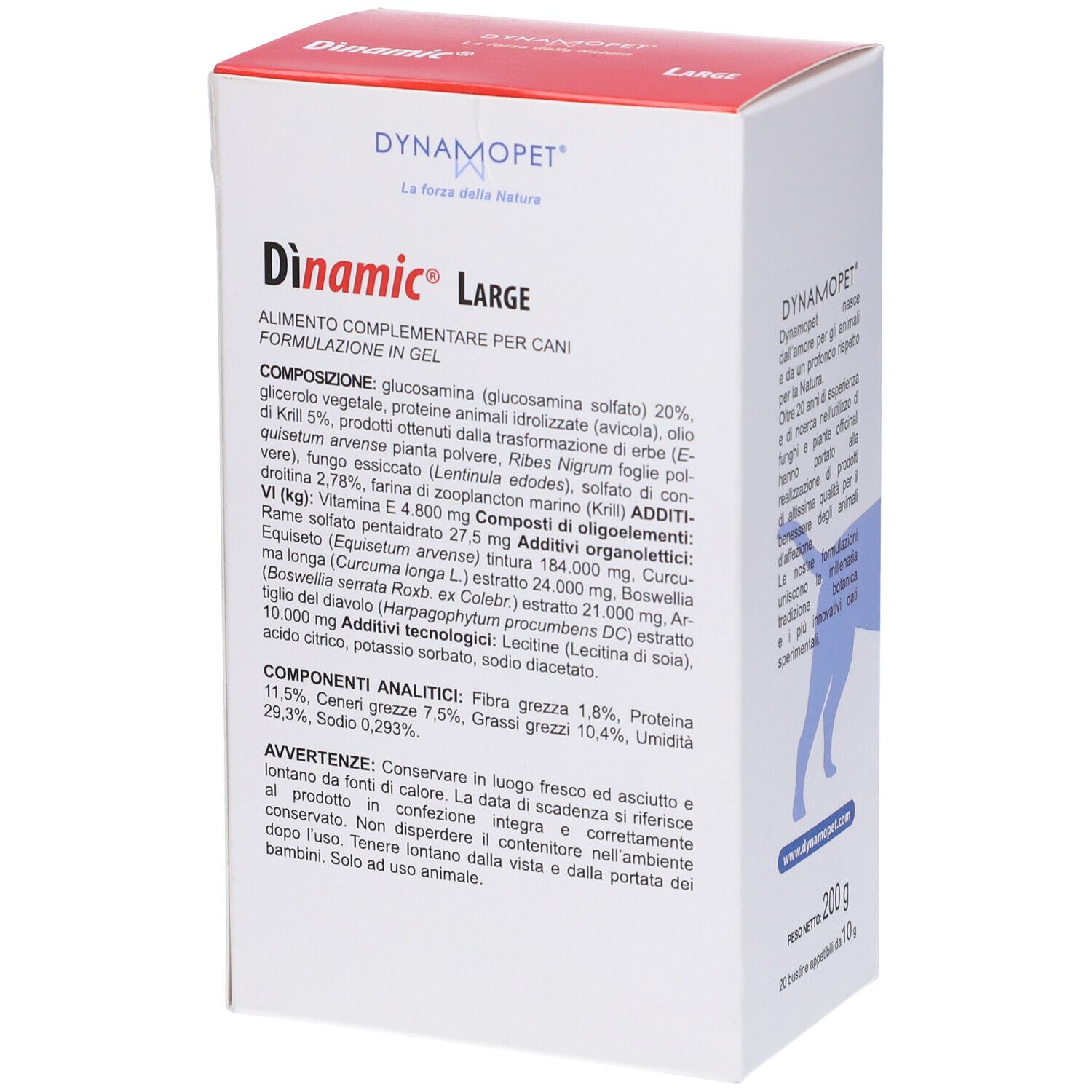 Lato della confezione Dinamic Large. Contiene informazioni sugli ingredienti e l'analisi. Bianco e rosso.