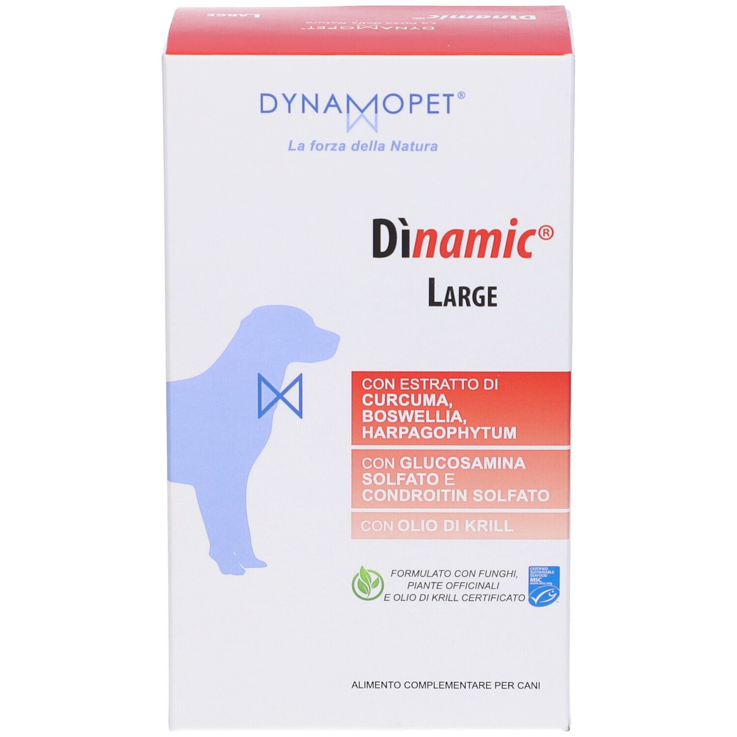 Confezione di Dinamic Large. Contiene curcuma, boswellia, glucosamina e olio di krill. Bianco e rosso.
