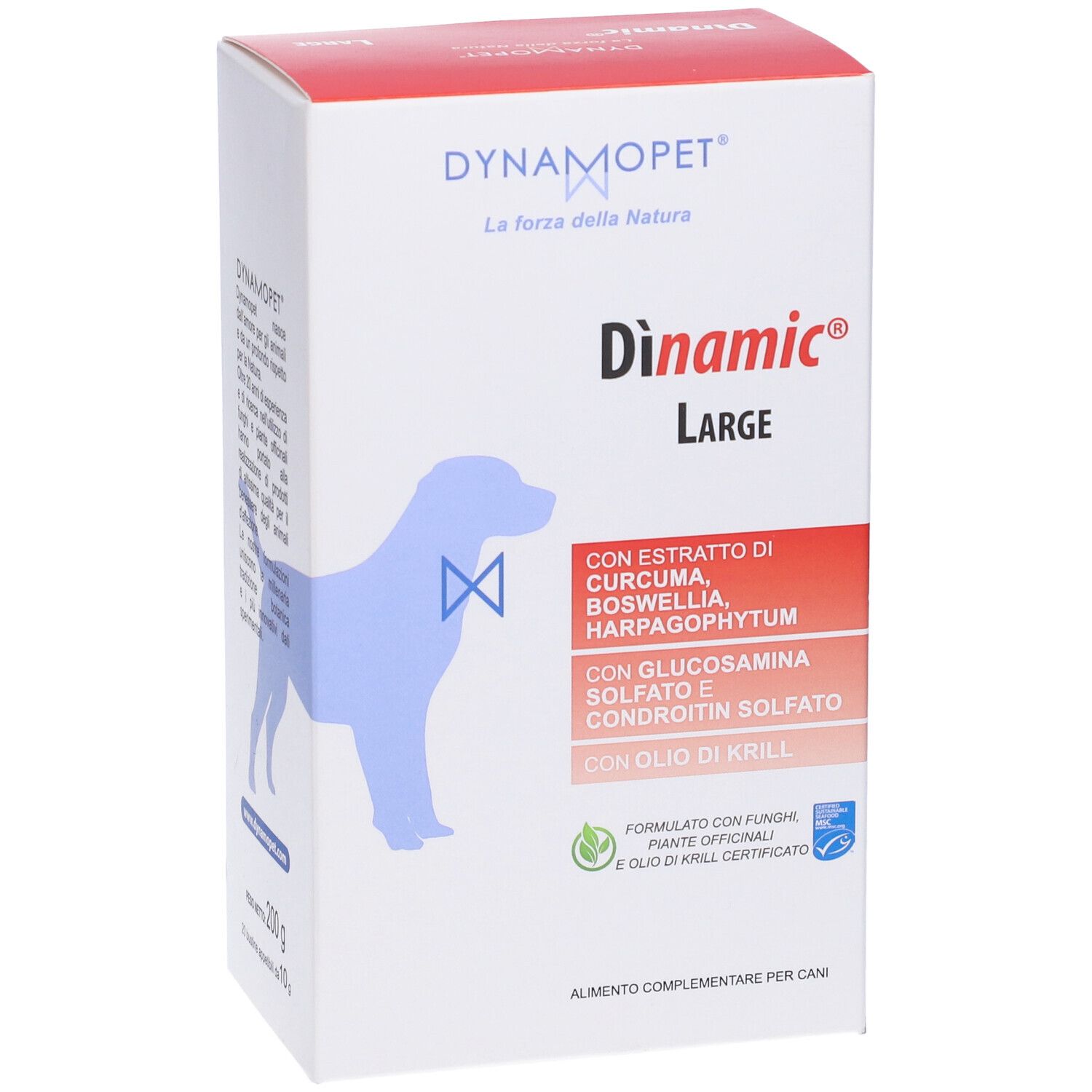 Confezione di Dinamic Large. Contiene curcuma, boswellia, glucosamina e olio di krill. Bianco e rosso.