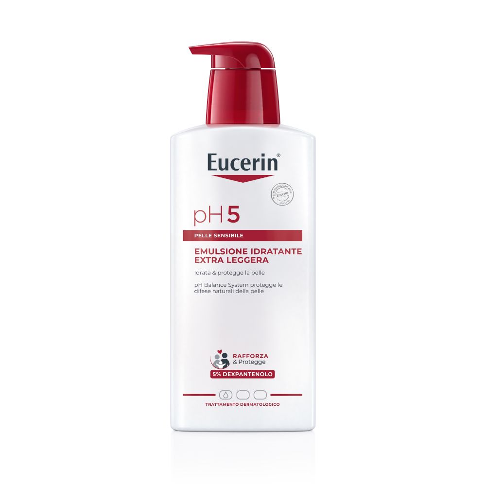 Flacone bianco con erogatore rosso. Scritta: Eucerin pH5, Emulsione, extra leggera. Testato dermatologicamente.