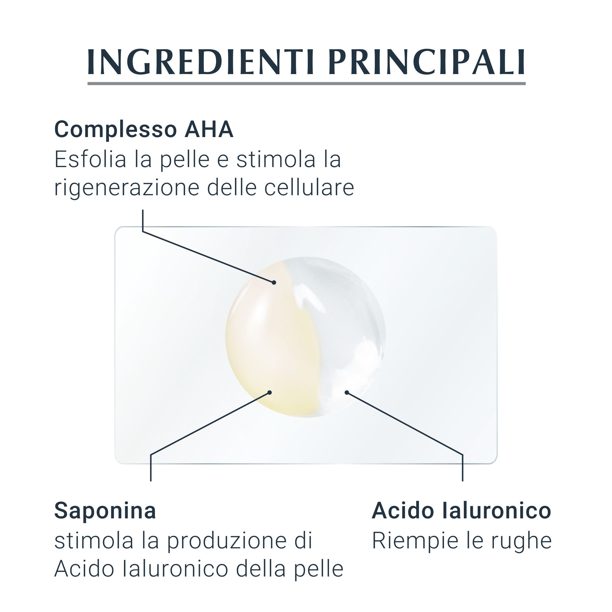 Ingredienti principali: Complesso AHA, saponina, acido ialuronico. Illustrazione degli ingredienti.