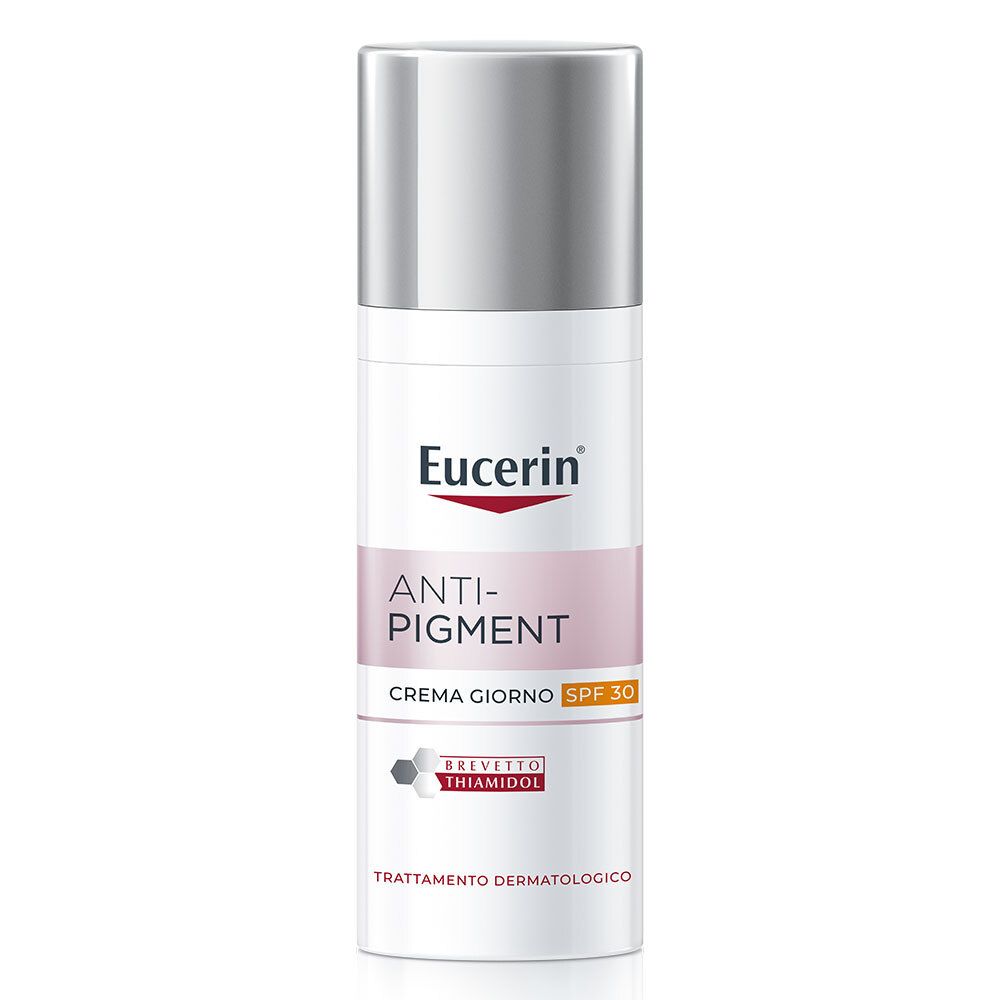 Flacone bianco con tappo argentato. Logo Eucerin e nome del prodotto: Anti-Pigment, Creme giorno SPF 30.