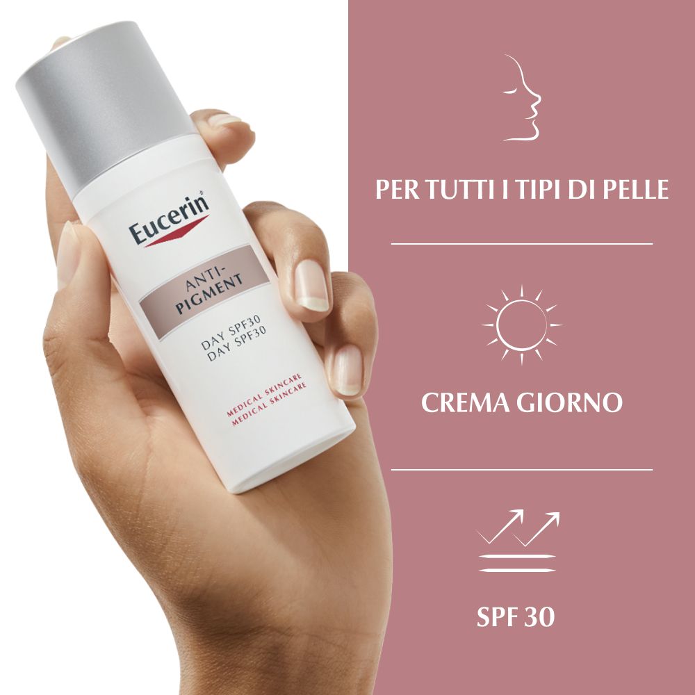 Flacone bianco con tappo argentato in mano. Logo Eucerin e nome del prodotto: Anti-Pigment, Day SPF30.