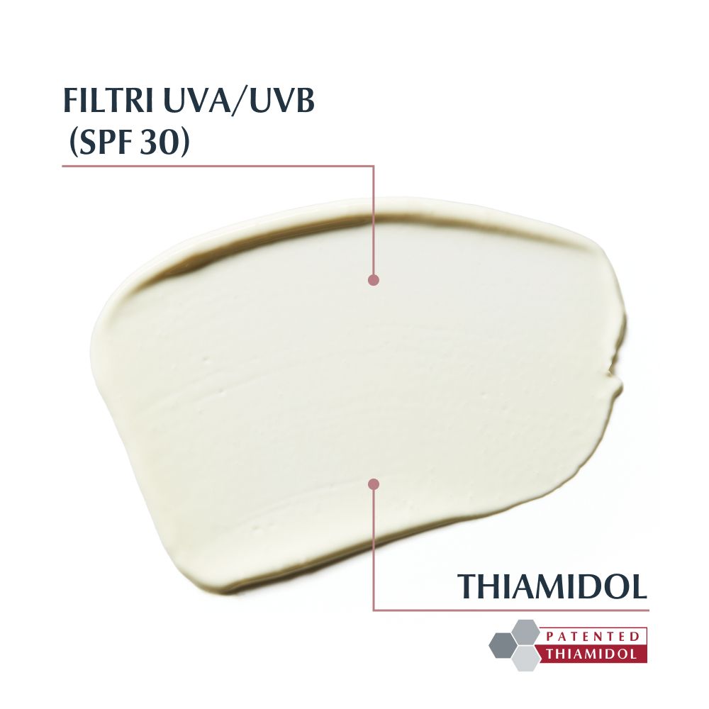 Macchia di crema bianca. Testo: Filtri UVA/UVB (SPF 30), Thiamidol.