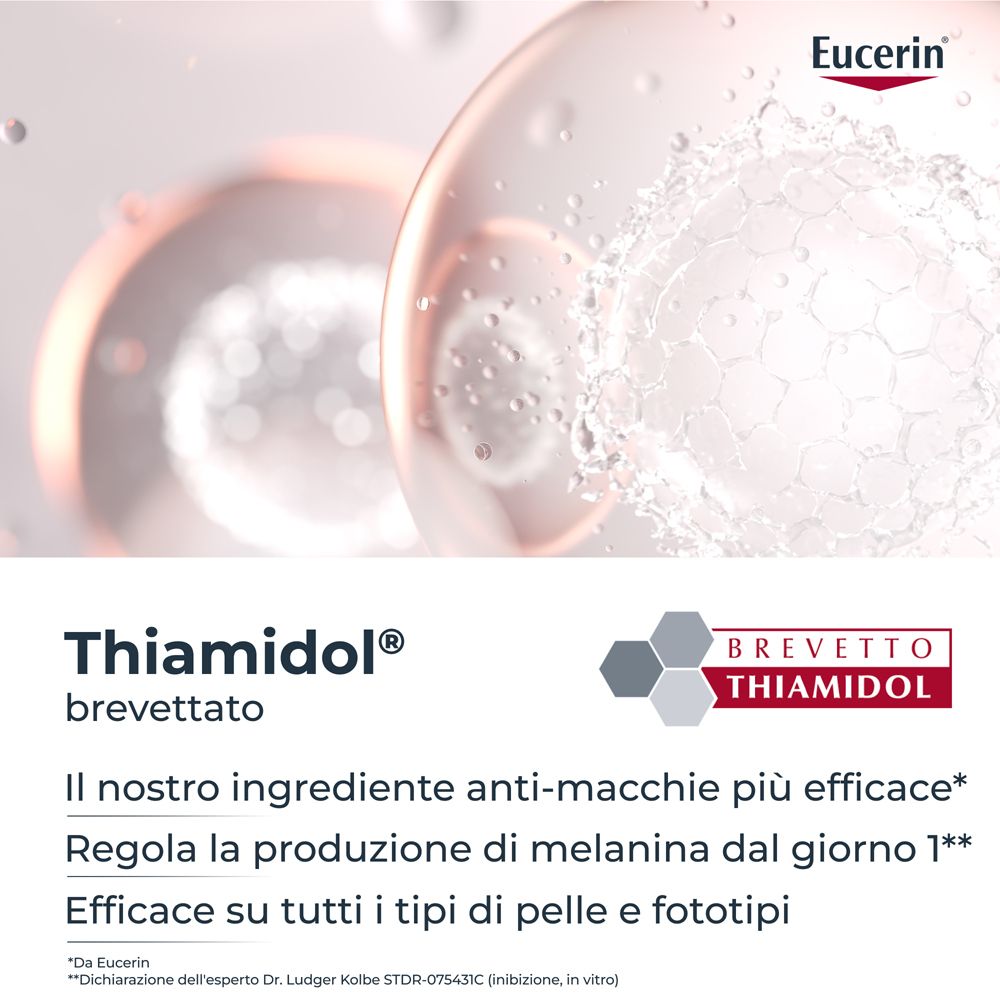 Logo Thiamidol®. Testo: Il nostro ingrediente anti-macchie più efficace. Regola la produzione di melanina. Efficace su tutti i tipi di pelle.